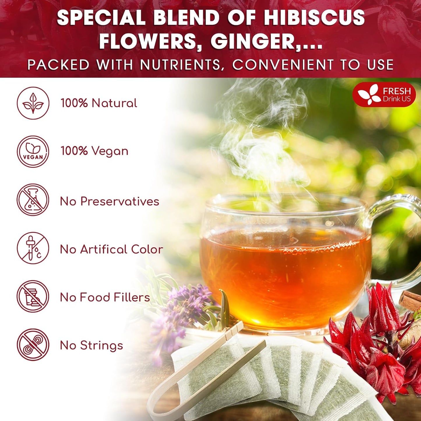 FreshDrinkUS, 60 Tea Bags Super Hibiscus Heart Blend– Herbal Tea with Hibiscus Flower, Ginger, Cinnamon Stick, Lemongrass & Rose Hip – Naturally Caffeine-Free, Sugar-Free, Vegan