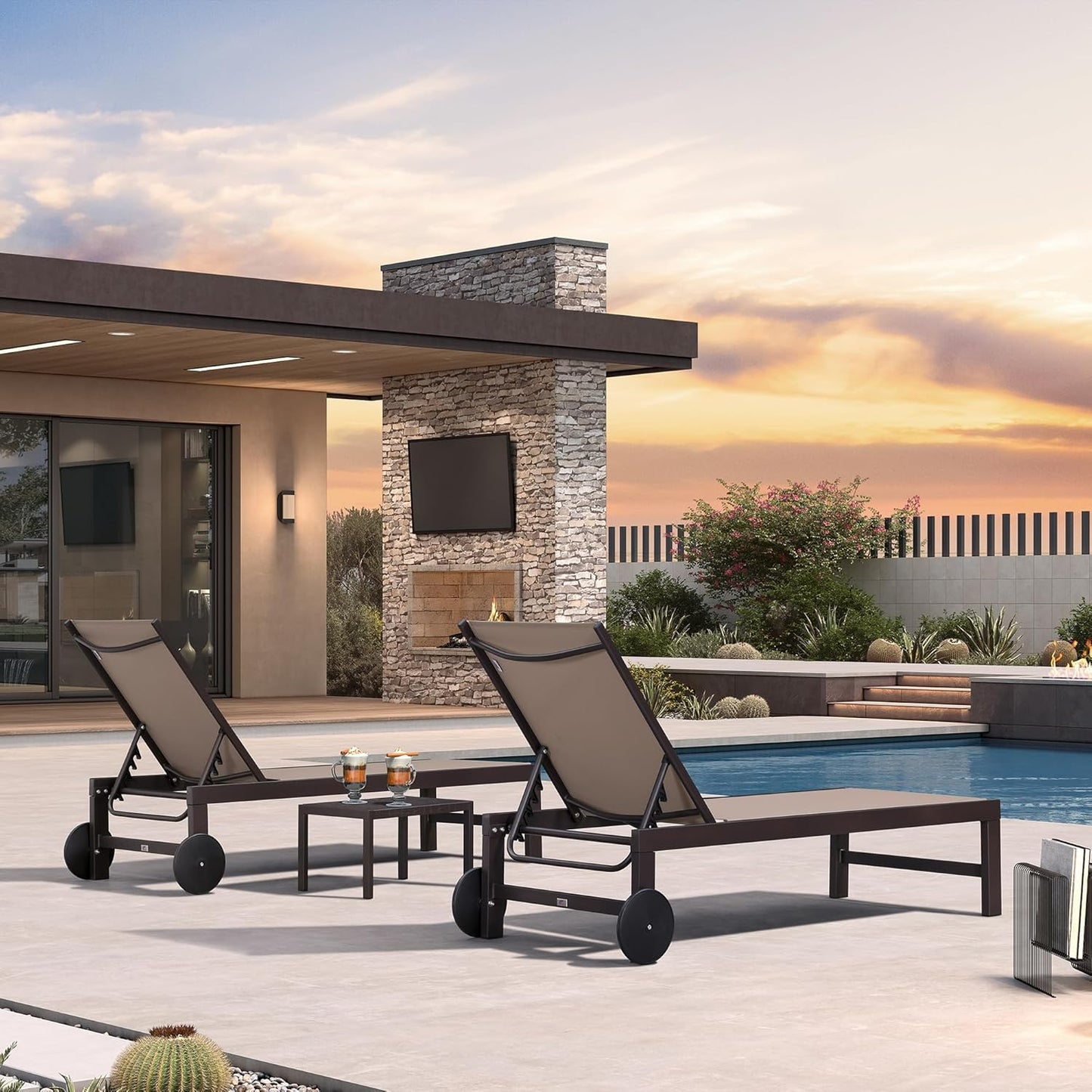 PURPLE LEAF Outdoor Chaise Lounge Chair Set of 3, Pool Lounge Chair for Outside, Aluminum Patio Chaise Lounger with Adjustable Backrest and Wheels for Deck, Outside, Lawn, Garden, Taupe