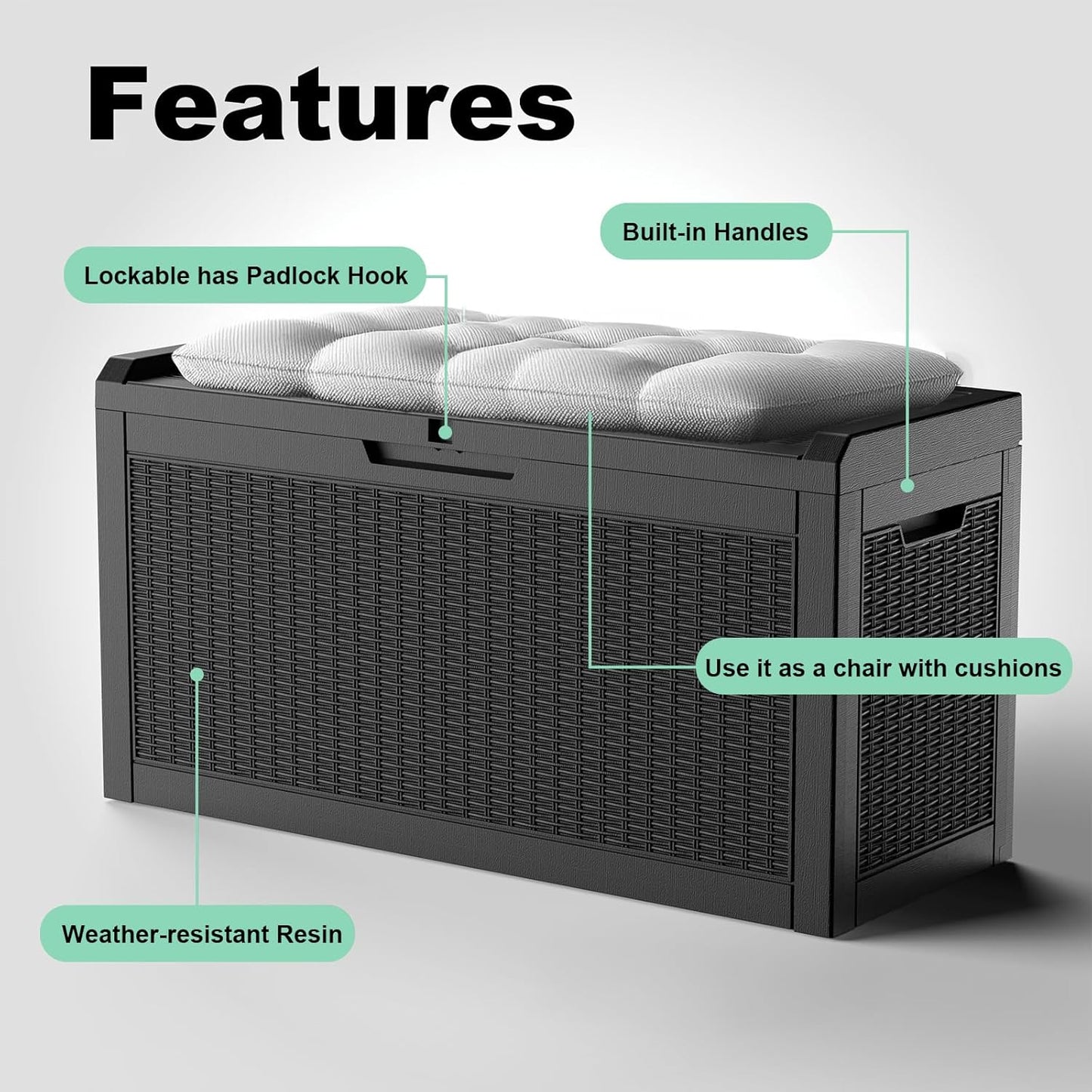 60 Gallon Resin Deck Box, Lockable Outdoor Storage Box for Patio Cushions Storage Furniture,Garden Tools, Pool Supplies, Weatherproof and UV Resistant（Black Rattan）