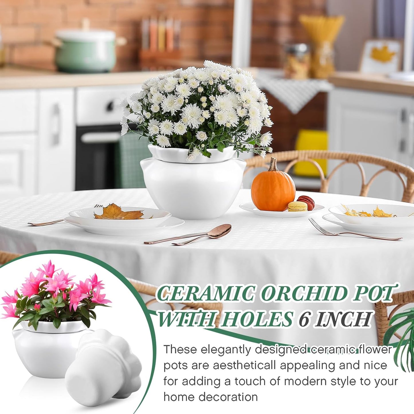 1 Set 7.5 Inches African Violet Pots Self Watering White Ceramic Pot for Indoor Plants, Flowerpot with Highly Absorbent Inner Pot for Busy Plant Lovers, Plant Care