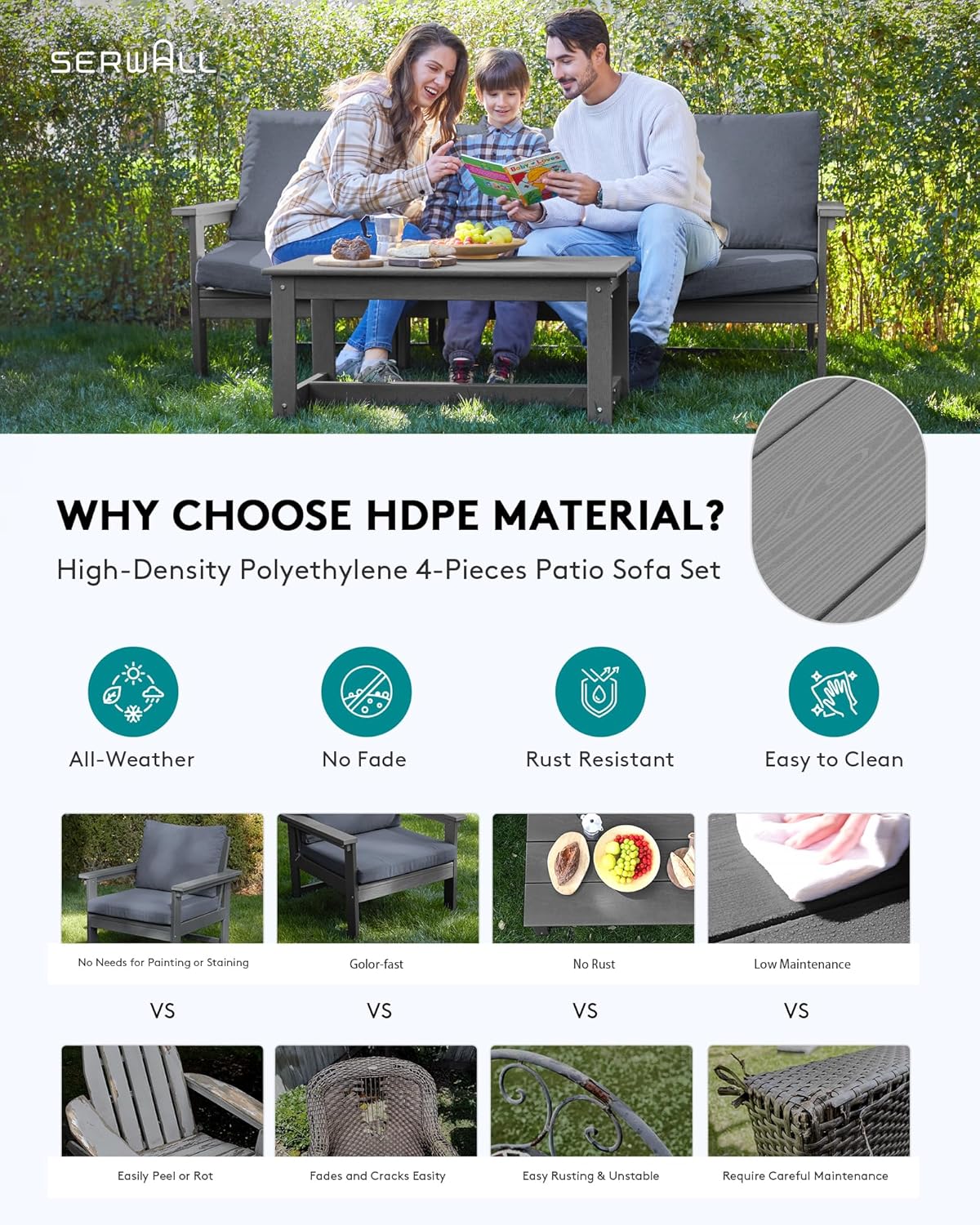 SERWALL HDPE Patio Sofa Set, 4-Piece Sectional Outdoor Furniture Set, All Weather Outdoor Couch Set Patio Furniture Set for Deck, Lawn, Grey Frame with Grey Cushion