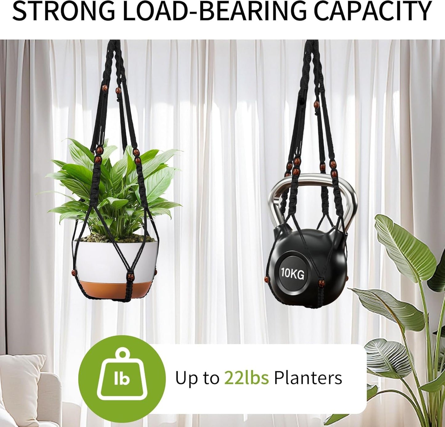 43 Inch Macrame Plant Hanger - Fits 6-15 Inch Pots, Extra Long Hanging Planter Holder for Indoor Outdoor, with Red Wood Beads, Boho Home Decor, 2 Pack, Black (POTS NOT Included)