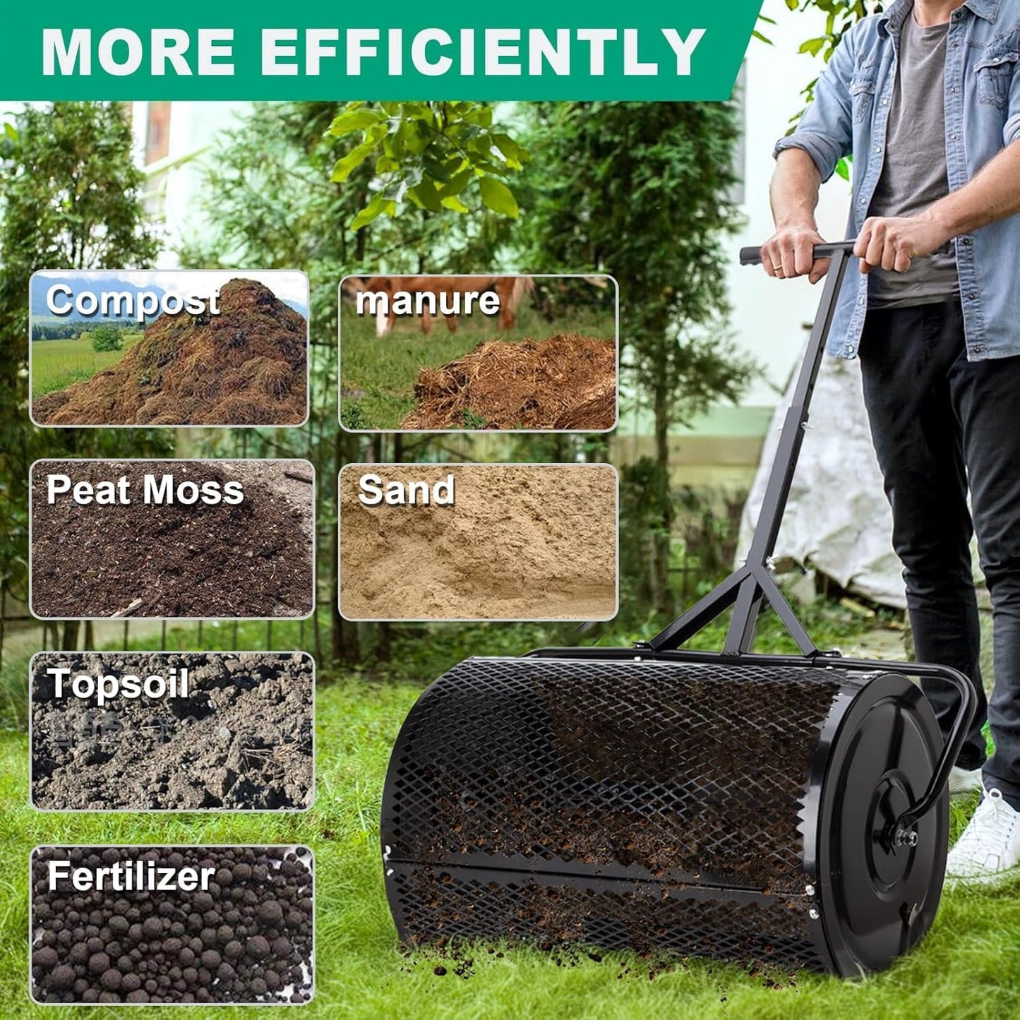 Compost Spreader, Durable Lawn Roller, Manure Spreader with Upgrade T Shaped Handle,Top Soil Spreader for Lawn and Garden Care Manure Spreaders Roller (T-Black-L)
