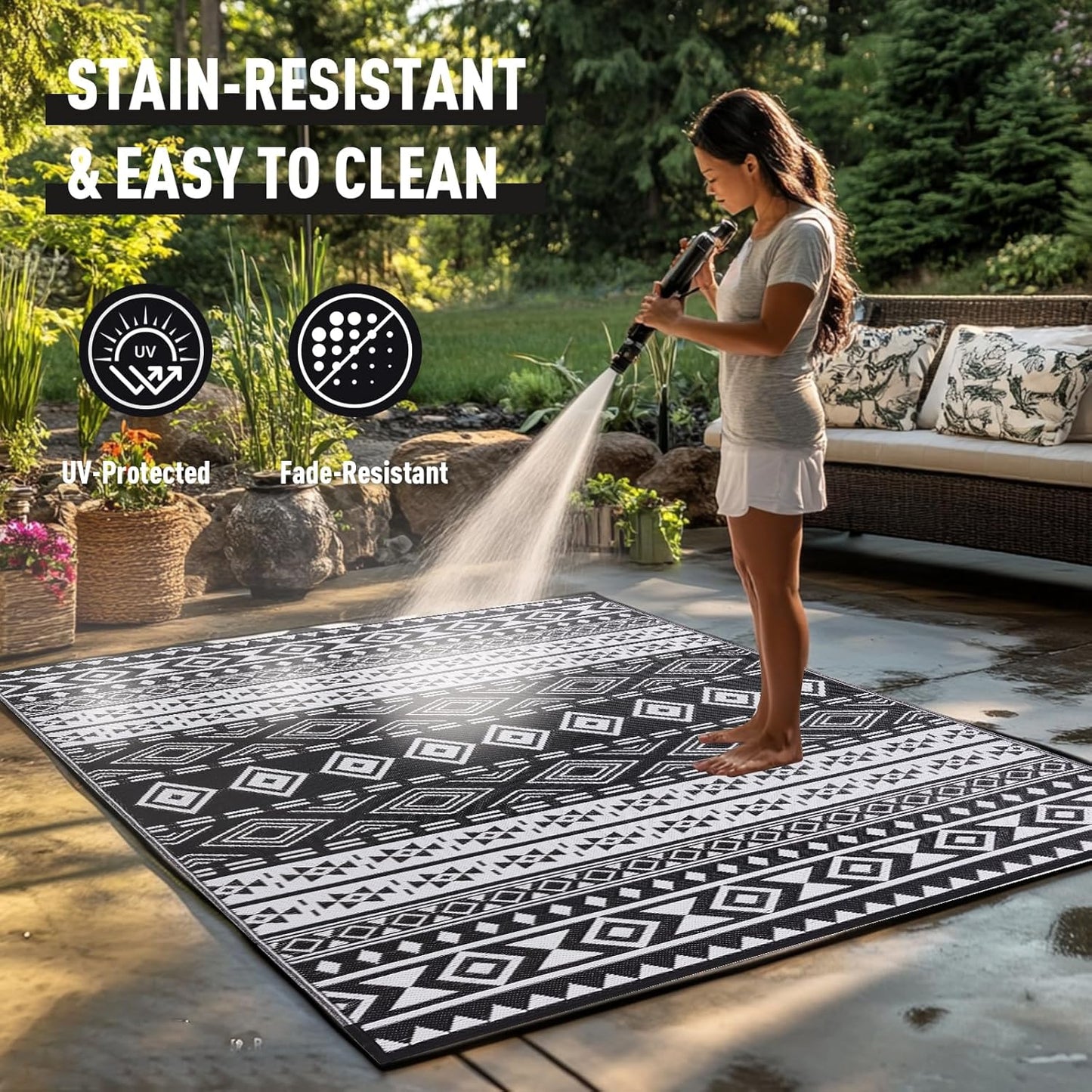 WILDROOTS 4x6 Feet Black and White Plastic Outdoor Rug, Stain Resistant Waterproof Reversible Outdoor Patio Rug, Fade Resistant Camping Rug