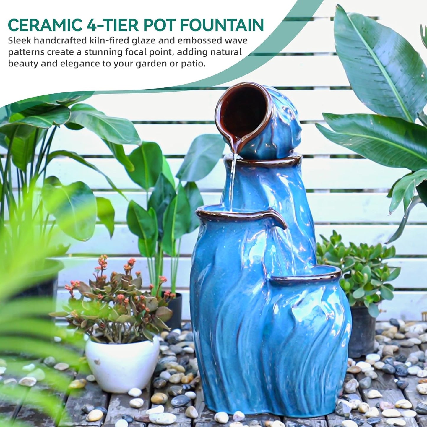 29" Tall Ceramic Outdoor Water Fountain with LED Lights, 4-Tier Cascading Jars Water Feature, Tranquil Waterfall for Relaxing Garden, Patio, Yard, or Porch, Turquoise, Dynamic Wave-Texture