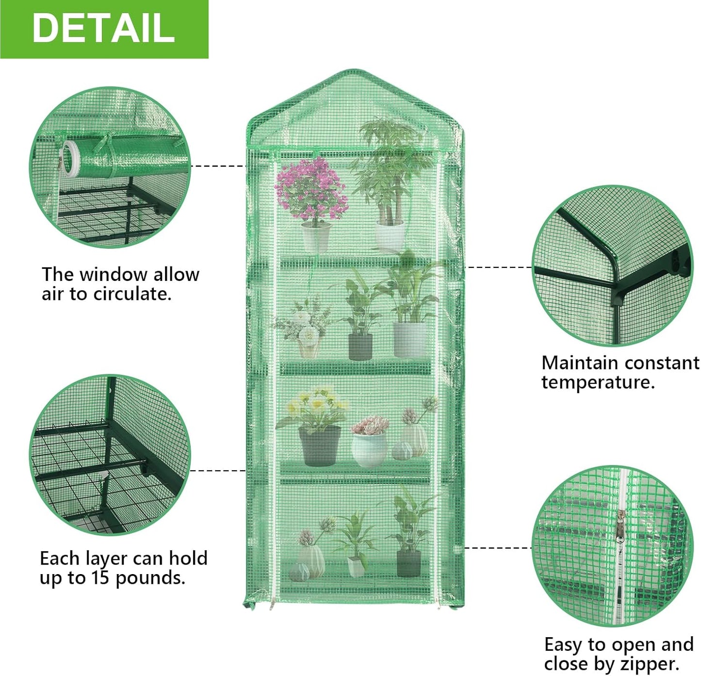 Oneness Mini 4-Tier Greenhouse, Indoor and Outdoor Reusable Portable Warm House with Green PVC Cover and Metal Shelf for Seeding in All Season, 29.5”W x 19.7”D x 62.2”H