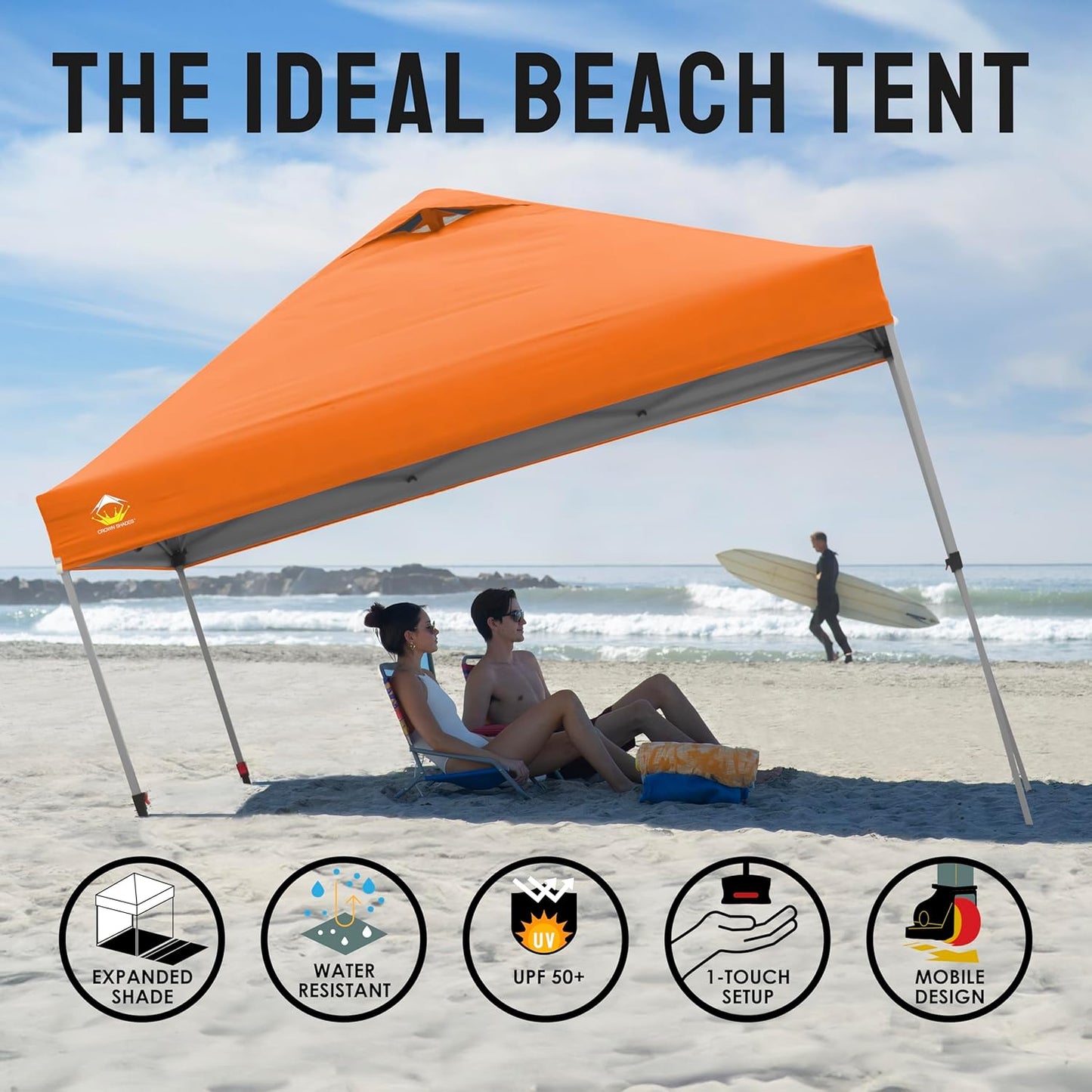 CROWN SHADES 10x10 Pop Up Canopy - Beach Tent with One Push Setup - Easy Outdoor Sun Shade for Events, Parties, Camping - Gazebo with STO-N-Go Cover Bag, Silver Coated Top, Orange