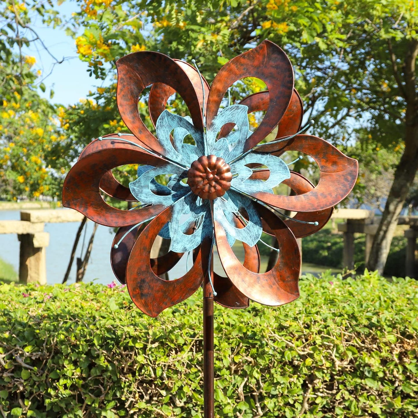 Garden Wind Spinner,Flower Wind Spinner,Outdoor Metal Wind Sculpture & Spinner Large 23 inch Dia 84 inch Height Kinetic Windmill for Garden Yard