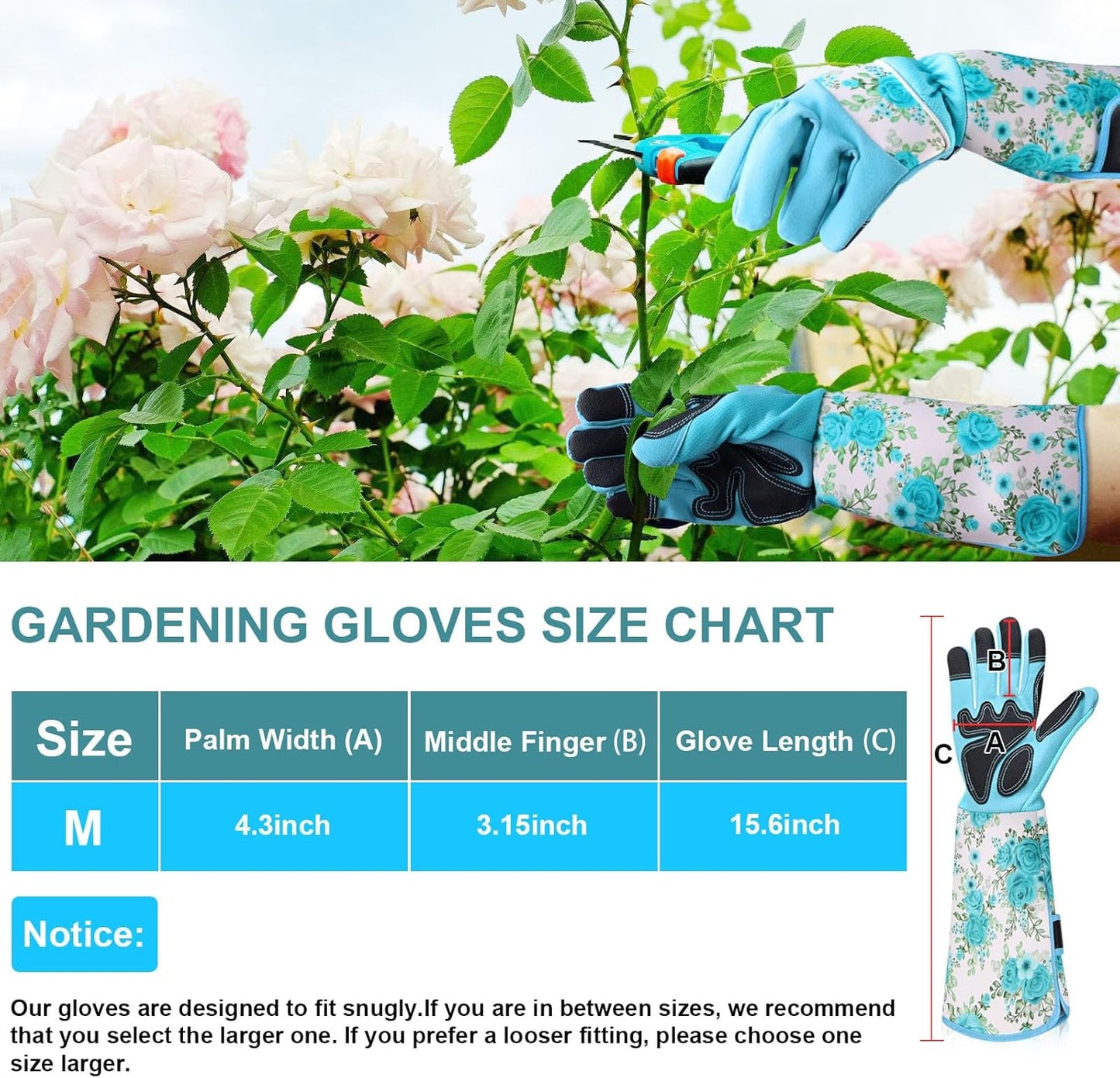 DLY Gardening Gloves for Women, Rose Gloves Gardening Thorn Proof, Long Garden Gloves for Women, Breathable & Durable Leather Gauntlet(Medium, Light Blue)