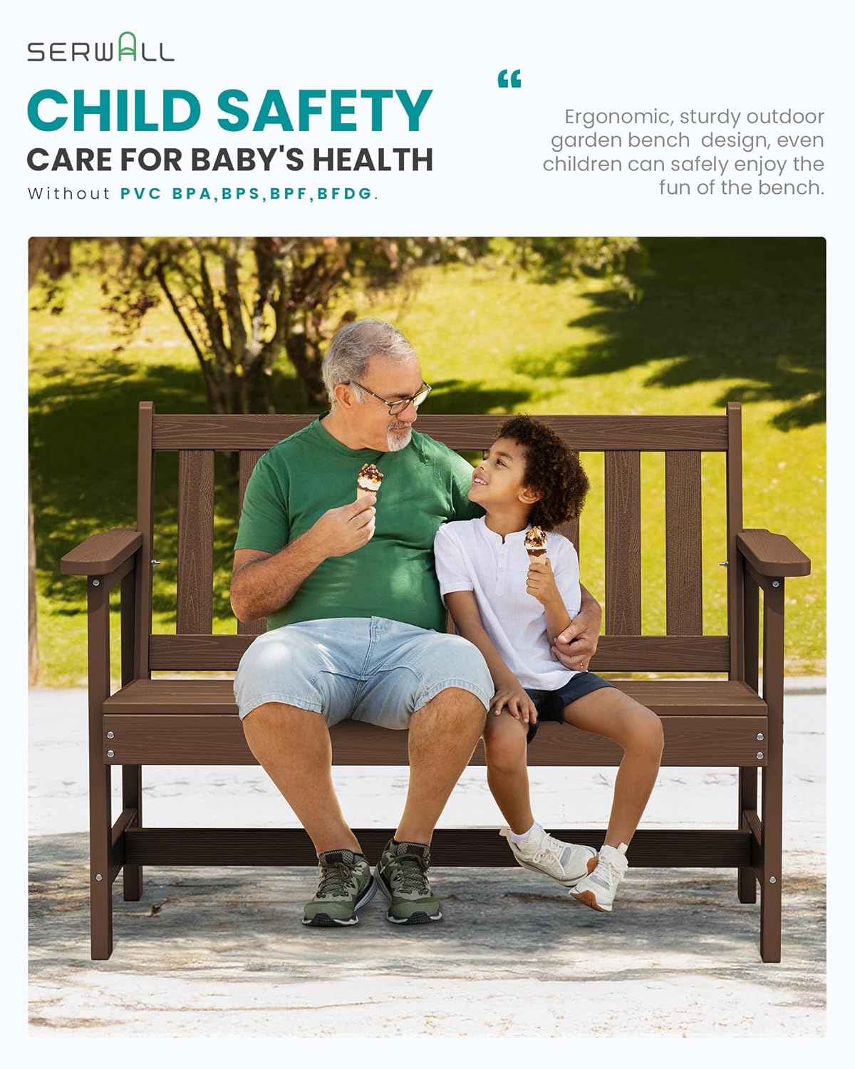 SERWALL Outdoor Bench, HDPE Outdoor Benches Weatherproof, 2-Person Garden Bench with 660 lbs Weight Capacity, Patio Benches for Outdoors, Garden, Porch, Backyard and Park, Brown, 4 Pack