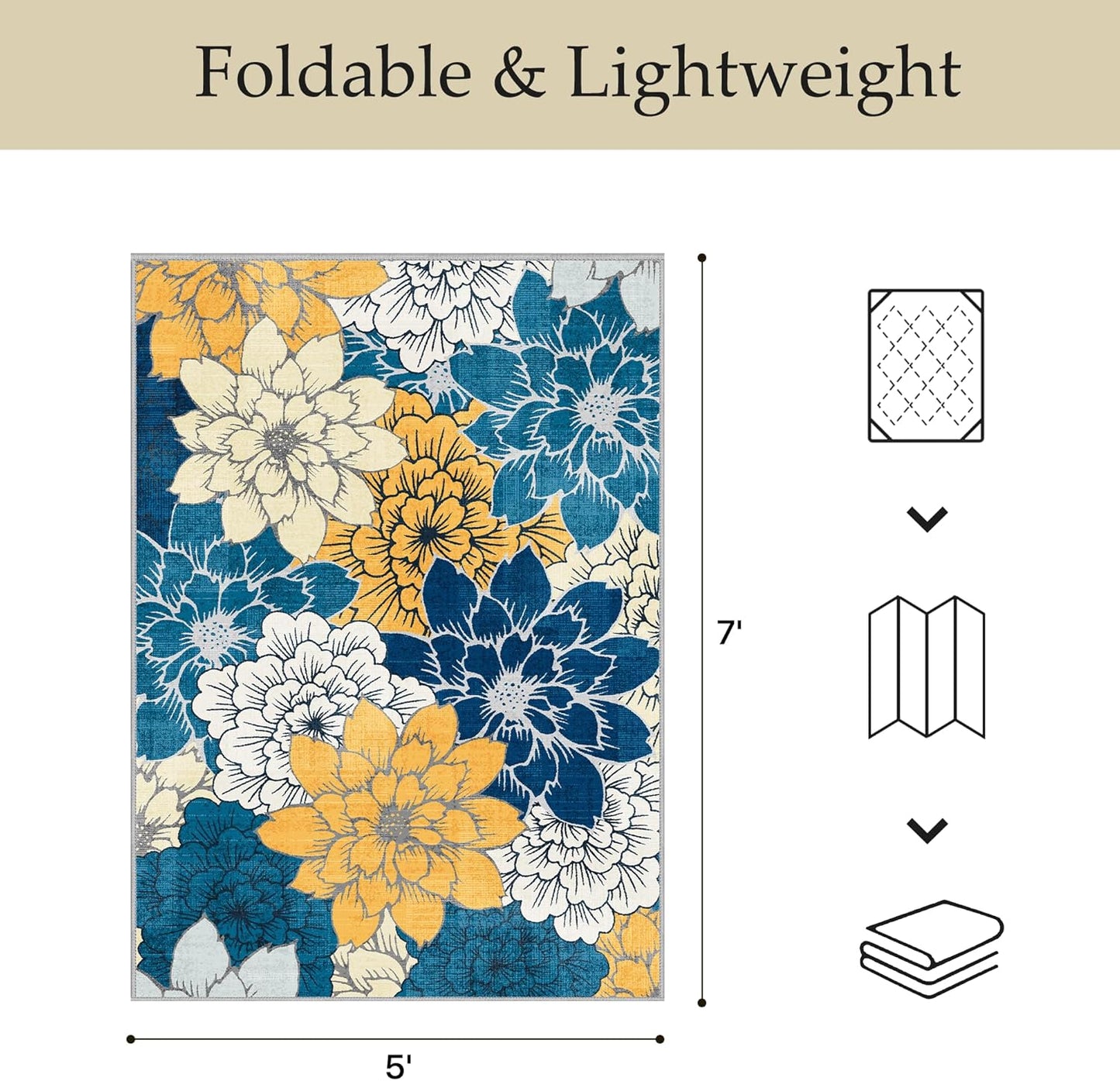 GENIMO Indoor Outdoor Area Rug 5' X 7' Waterproof, Washable Patio Rug Non Shedding, Easy Cleaning Floral Outdoor Carpet for Living Room, Bedroom, Dining Room, Balcony, Backyard, Deck, RV, Blue