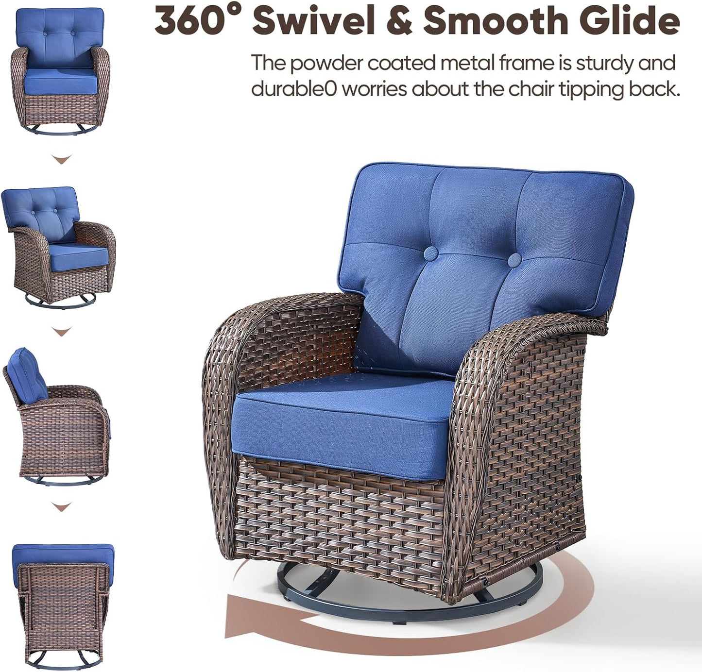 9-Piece Rotating Balcony Chair Set with 31-inch T-Shaped Wide backrest - Rattan Outdoor Rotating Balcony Chairs, Wide backrest Comfortable Outdoor Sliding Chair - Brown | Blue