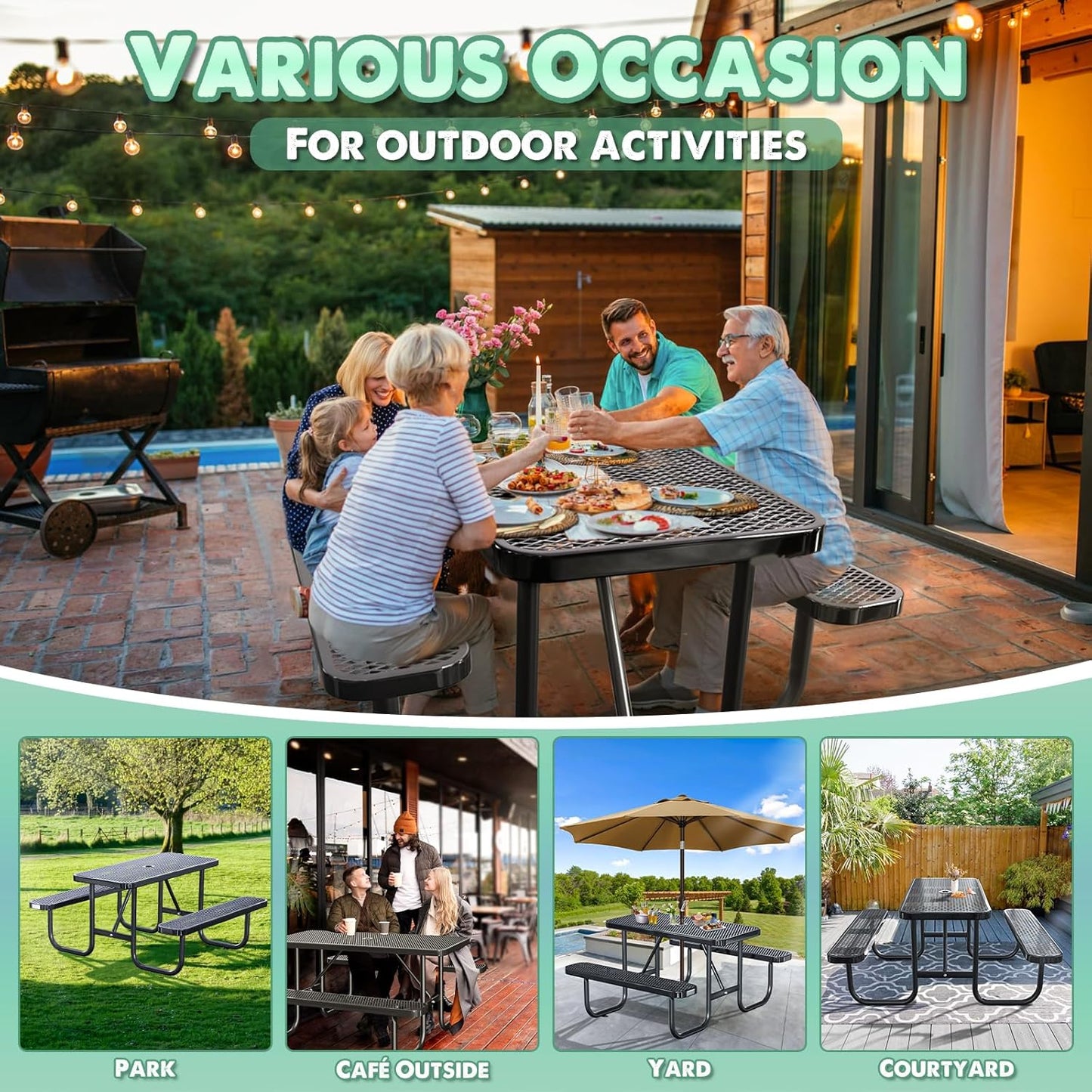 Heavy-Duty Park Bench or Table for Outside - Black Coated Outdoor Furniture Steel Bench, Commercial-Grade Outdoor Benches Weatherproof for Park, Patio, Porch (Black, 4FT (Rect. Table))