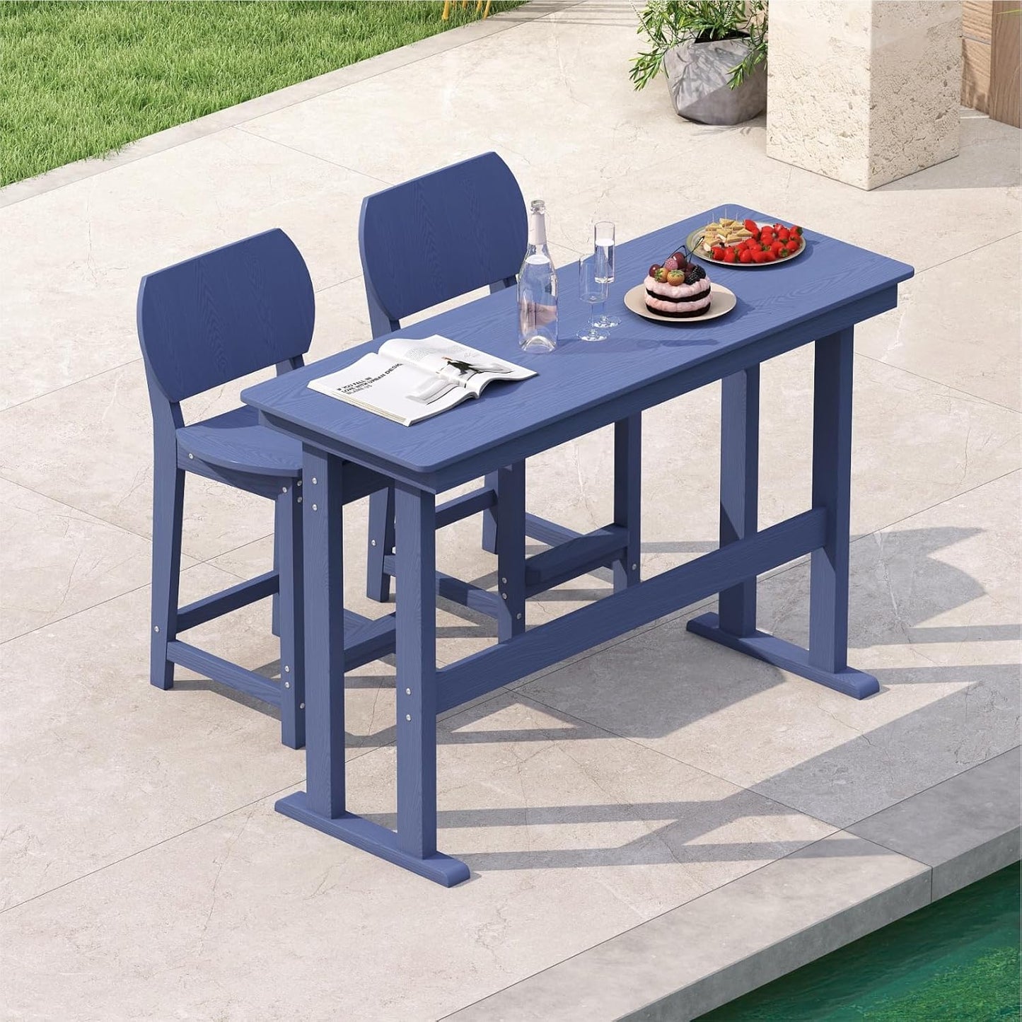 3-Piece Outdoor Patio Bar Table and Chairs Set, All-Weather HDPE High Top Table with 2 Armless Bar Stools, HDPE Bar Furniture Set for Outside, Poolside, Backyard, Garden (Navy Blue)