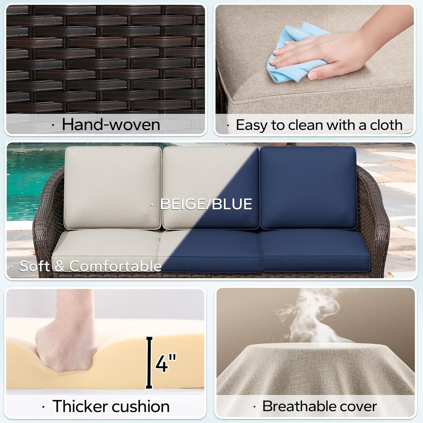 7 Pieces Patio Conversation Set, 78" Wicker 3-Seat Couch with Washable Cushions, 2 Glider Swivel Rocker Chairs, 2 Armchairs, Coffee Table, Rattan Cat Bed End Table, Sofa for Lawn (Beige)