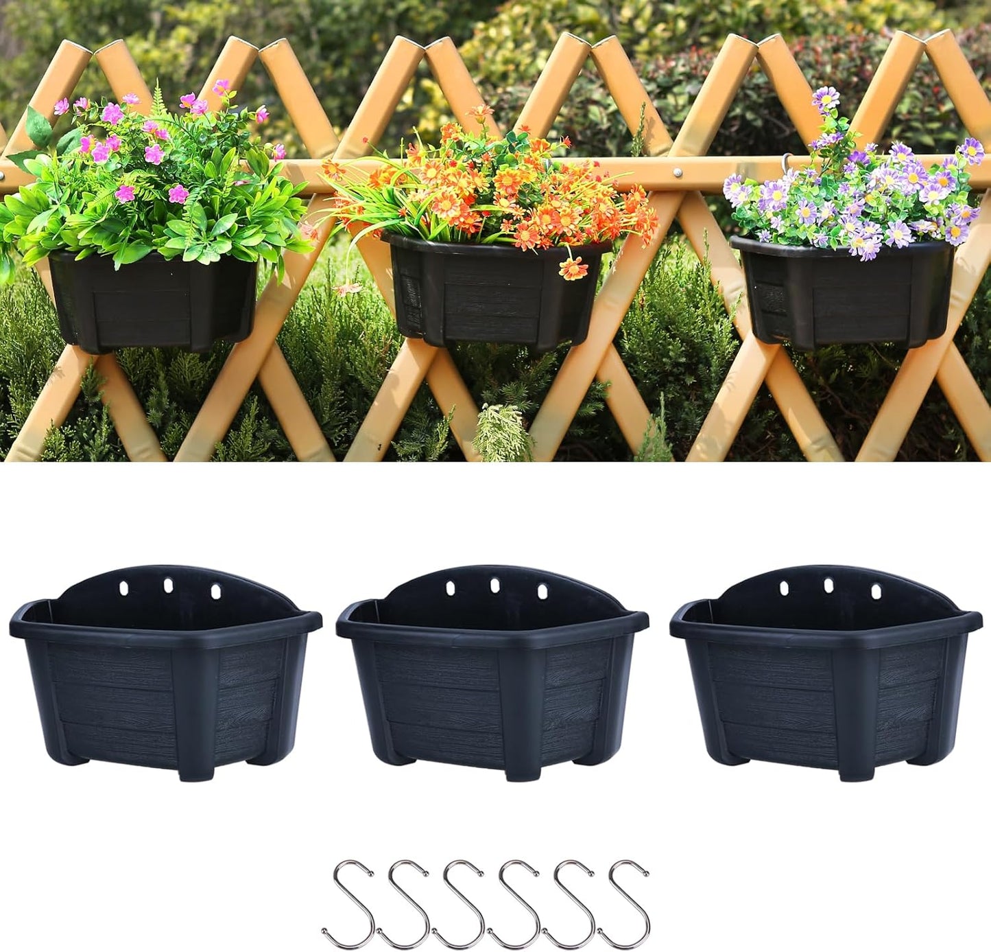 summer flower Hanging Flower Pots, 3 Pack 9.84” Wall Hanging Planters for Railing Fence Balcony, Plastic Plants Pots for Window Box Garden Outdoor Flowers Indoor Decor (Black)