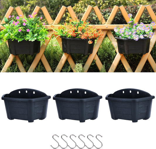 summer flower Hanging Flower Pots, 3 Pack 9.84” Wall Hanging Planters for Railing Fence Balcony, Plastic Plants Pots for Window Box Garden Outdoor Flowers Indoor Decor (Black)