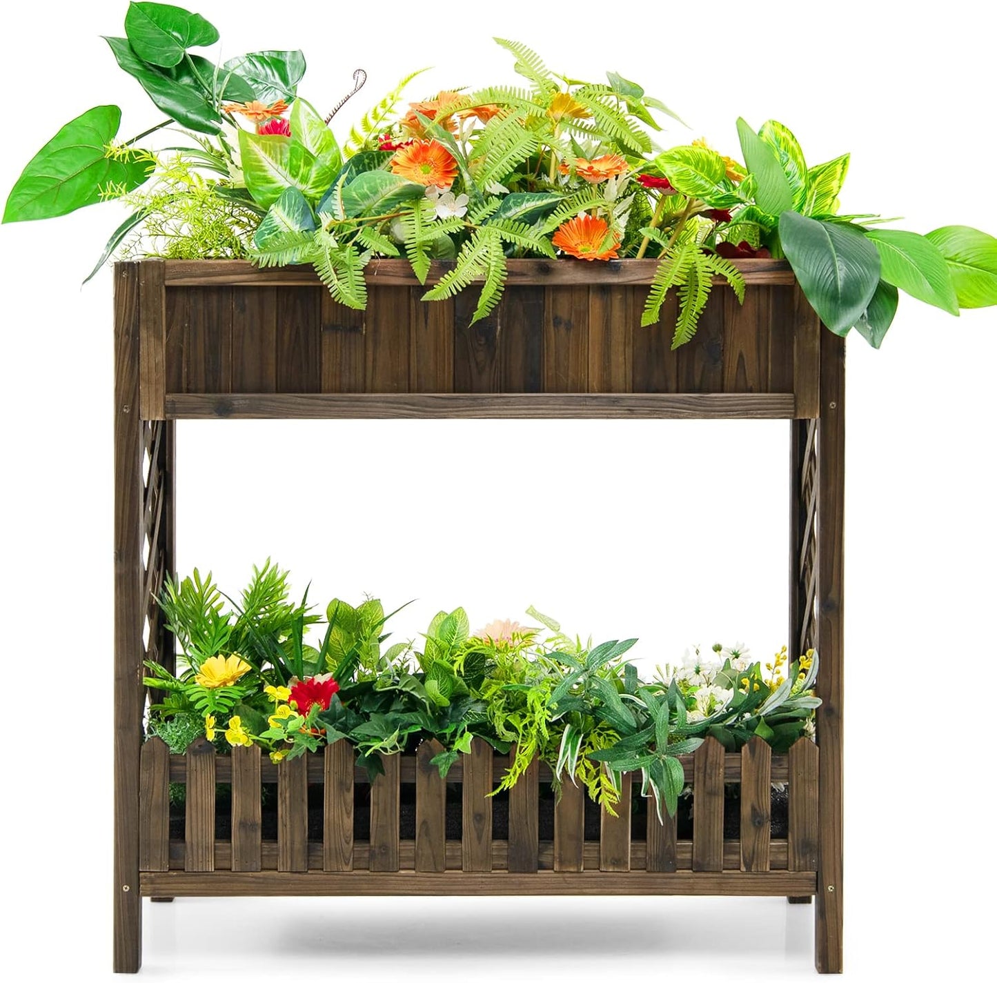S AFSTAR 2-Tier Raised Garden Bed, Indoor Outdoor Flower Bed with Bottom Shelf Fence, 35.5” H Wood Elevated Planter Box for Vegetable Flower Herb Succulent, Ideal for Patio Balcony Backyard