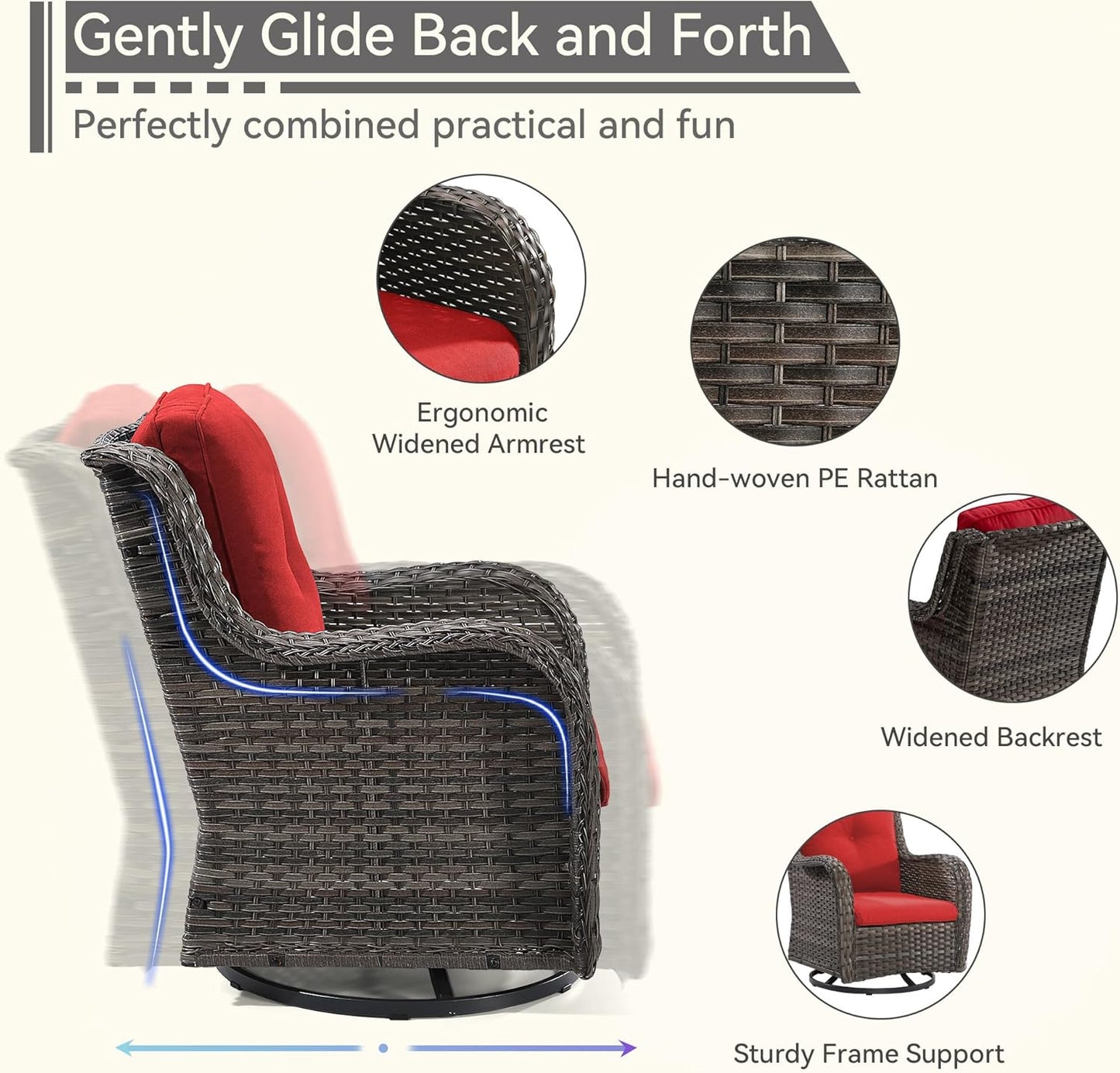 6 Pieces Outdoor Furniture Set - Patio Wicker Swivel Rocker Chair Set of 4 and 2 Side Table, Red, Mixed Brown Rattan, Suitable for Porch, Yard