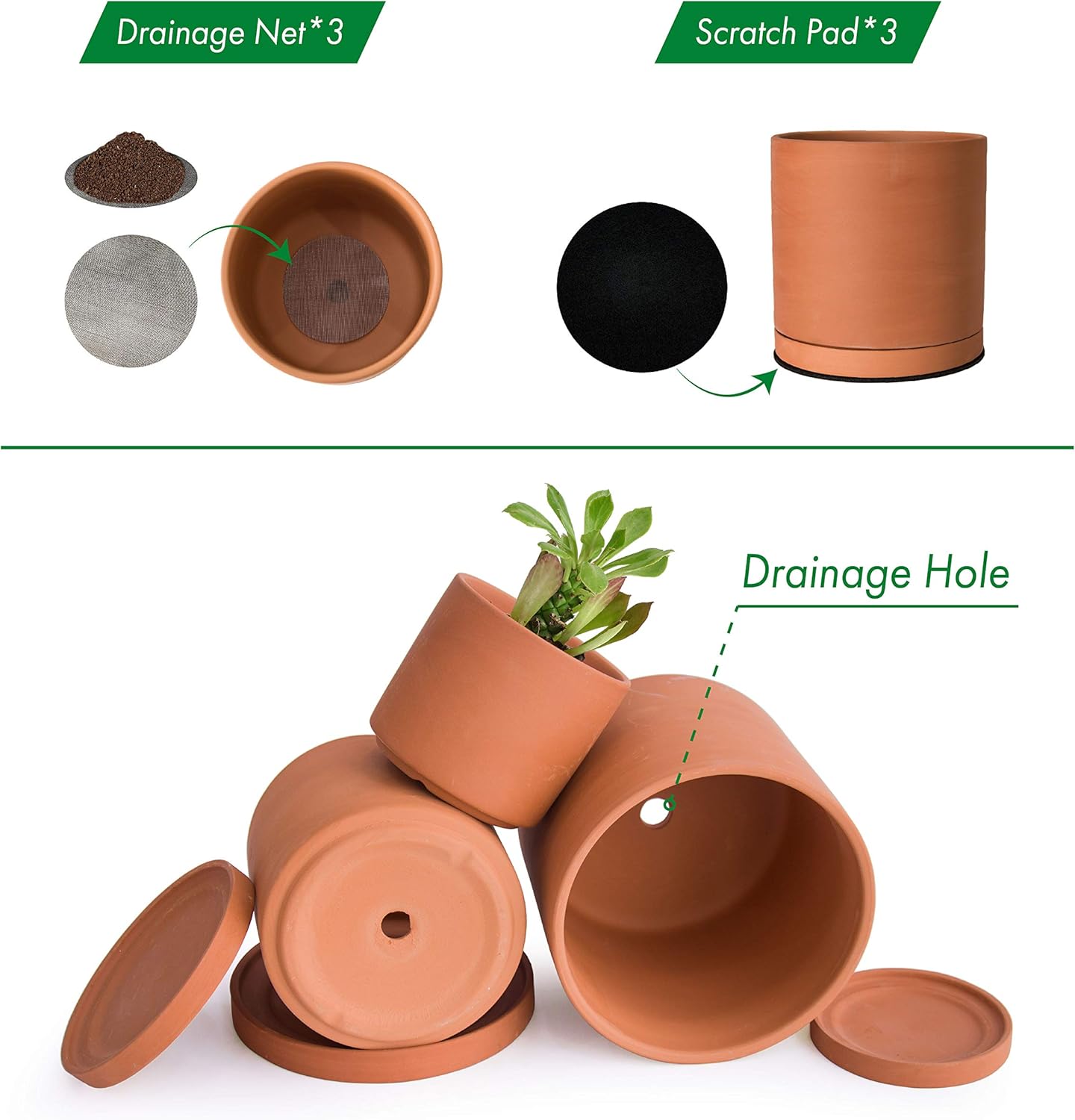 D'vine Dev Terracotta Pots for Plants, 4.2 Inch 5.3 Inch 6.5 Inch, Succulent Planter Pot with Drainage and Saucer, 40-T-A-0