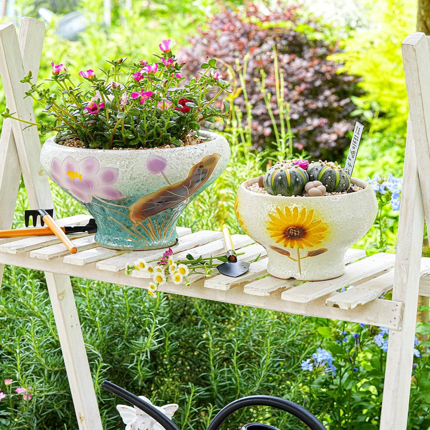 Sungmor 9.6 Inch Large Succulent Plant Pots, Pretty Hand Painted Ceramic Planter with Drainage, Indoor Outdoor Cactus Planter Bonsai Pot, Flower Pot for Indoor Plants Garden Windowsill Desktop Decor