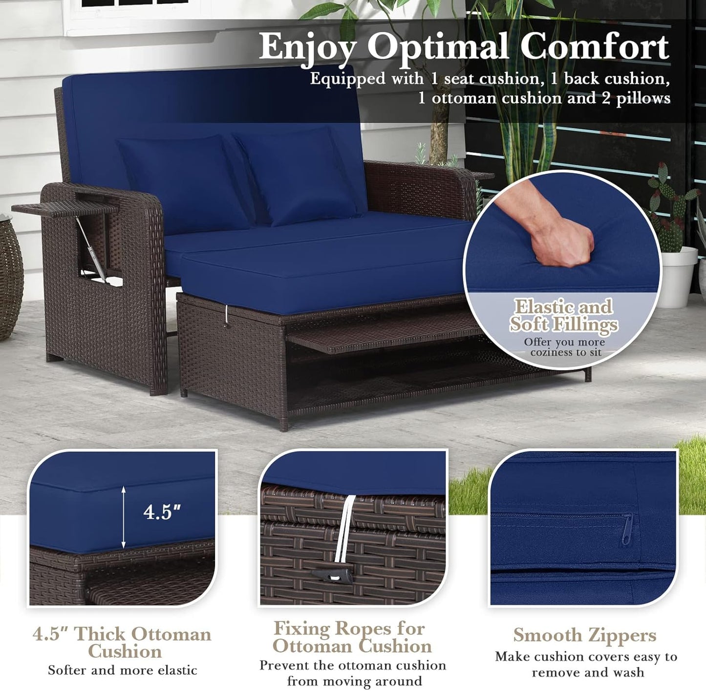 Tangkula Patio Rattan Daybed Set, Wicker Loveseat Sofa w/Multipurpose Ottoman & Retractable Side Tray, 4-Level Adjustable Backrest, Footstool w/Storage, Seat & Back Cushion Included (Navy)