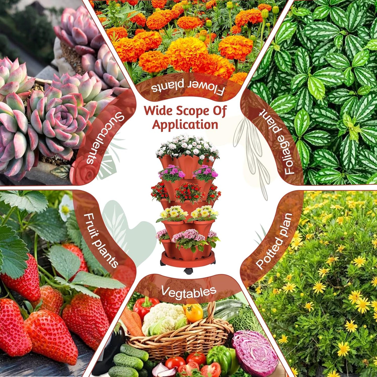 Vertical Strawberry Planter-5 Tier Stackable Herb Tower Planters Stacking Garden Planters Pot Outdoor with Tools Removable Wheels for Growing Flowers, Vegetables and Succulents