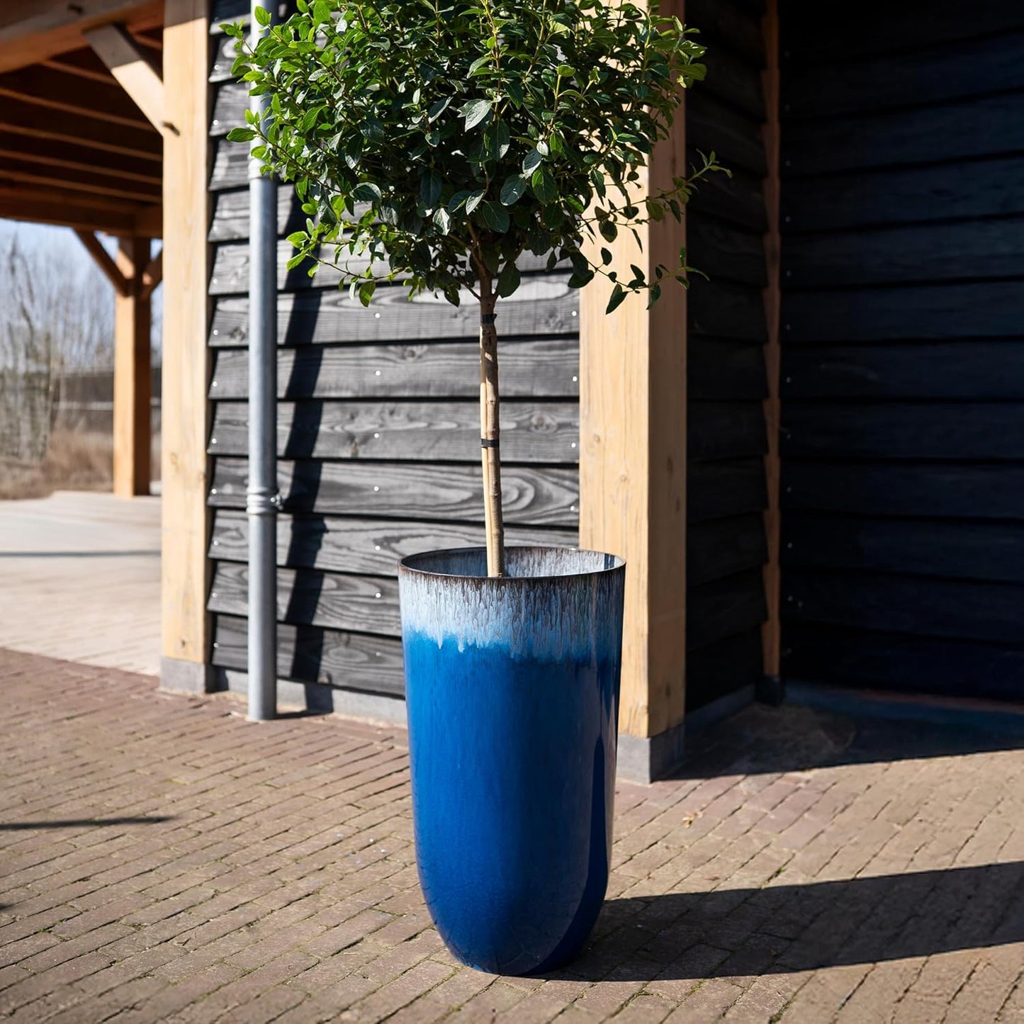 25.5-inch Tall Set of 2 Blue Large Plastic Planter Pots with Drainage Plug for Indoor or Outdoor Use, Decorative Lightweight Garden Flower Pot for Porch, Patio, Deck