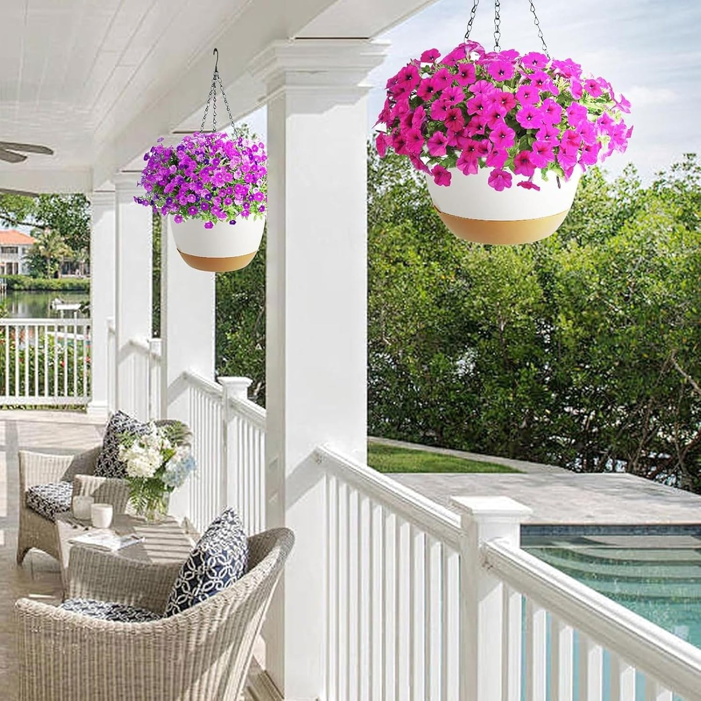 2 Pack Hanging Planters Set,10 Inch Indoor Outdoor Hanging Plant Pot Basket,Hanging Flower Pot with Drainage Hole with 3 Hooks for Garden Home(Caramel Hanger White Planters)