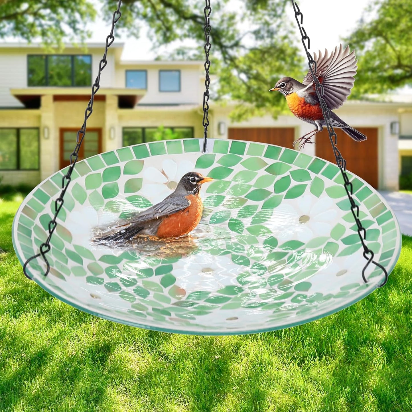 VCUTEKA Hanging Bird Bath, Glass Mosaic Bird Baths for Outdoors Birdfeeder with 21 inch Rust-Proof Chain for Garden Yard Decor