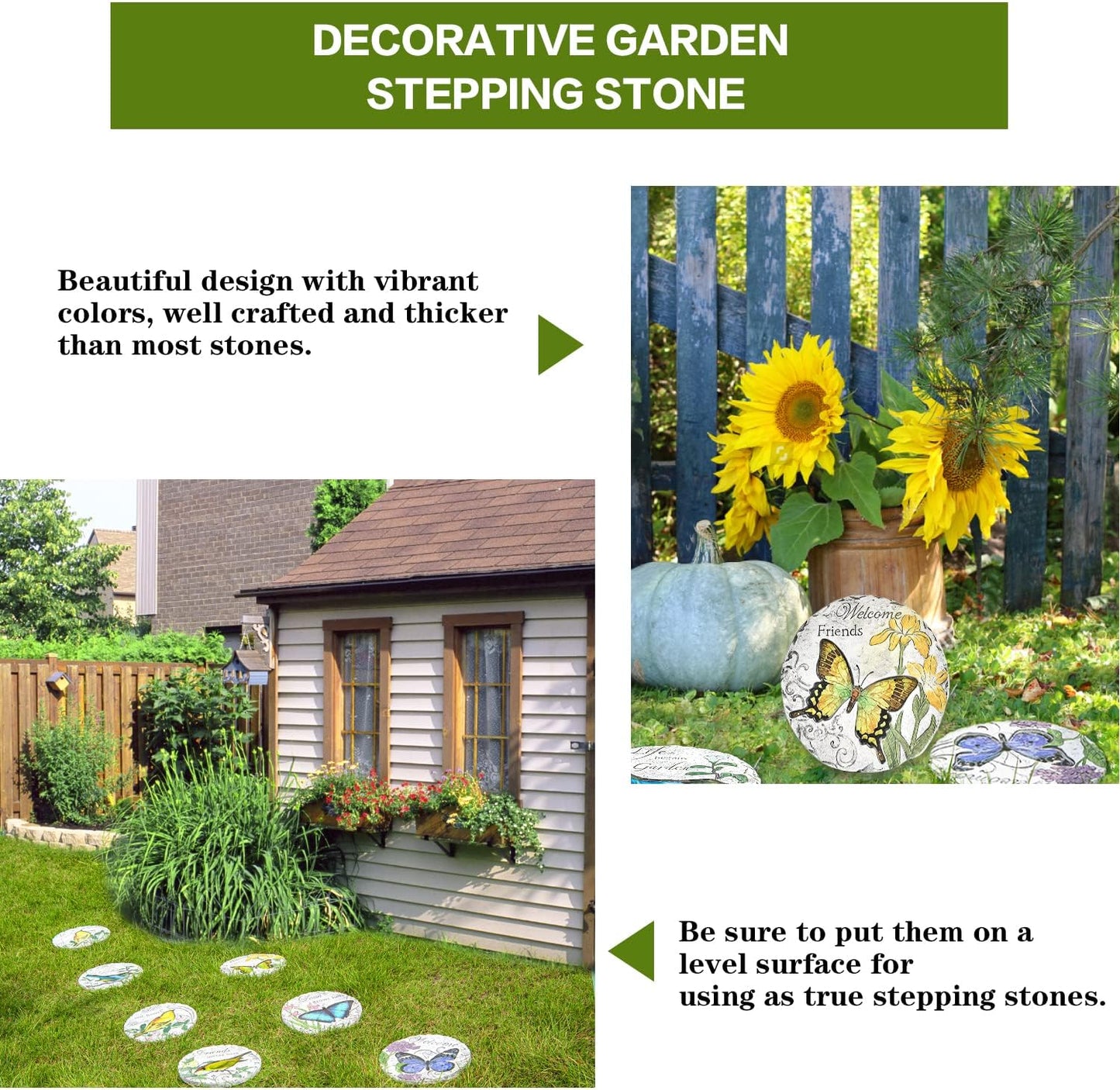 Sungmor 3PC Pretty Garden Stepping Stones, 9.8" Large Concrete Decorative Stones with Beautiful Pattern, Unique Outdoor Lawn Accents, Yard Walkway Flower Bed Wall Shelf Welcome Friends Decorations