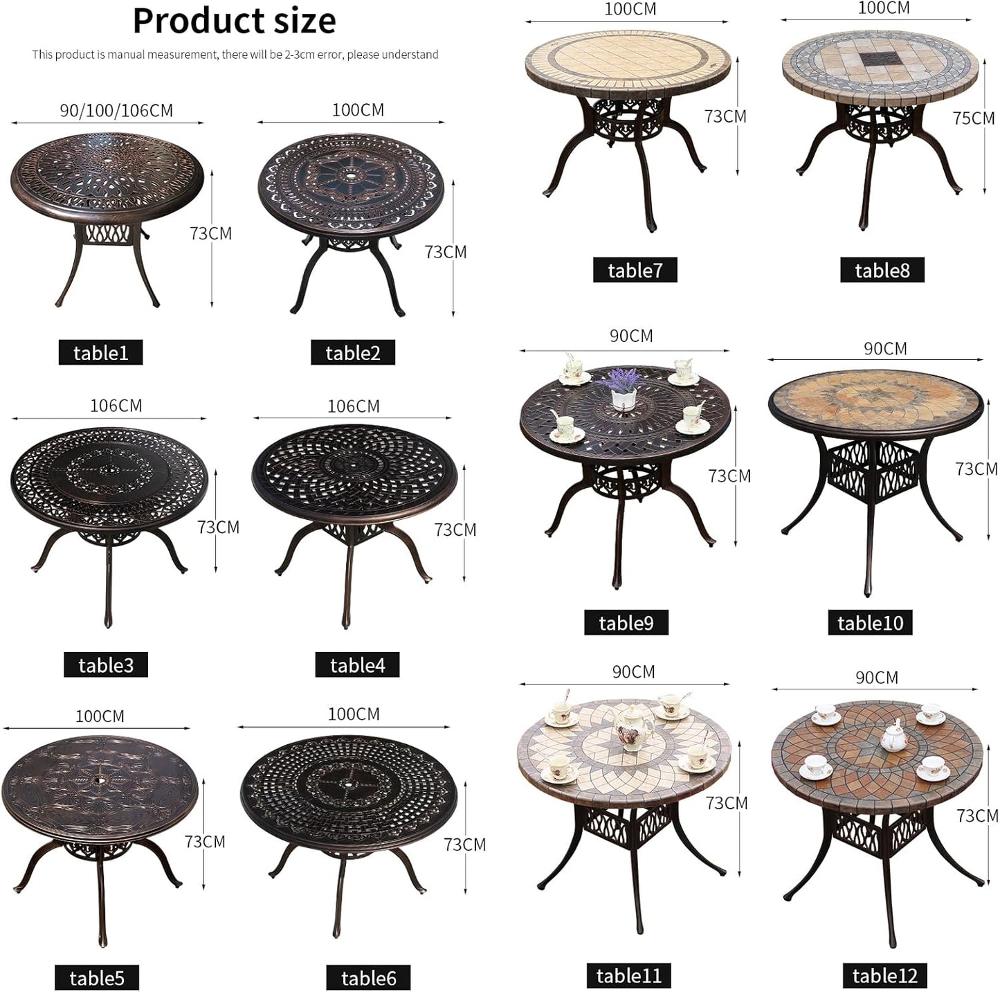 Outdoor Table Cast Aluminum Round Patio Table with Umbrella Hole All Weather Outdoor Dining Table for Lawn Garden Backyard (106cm YLSB Round Table)