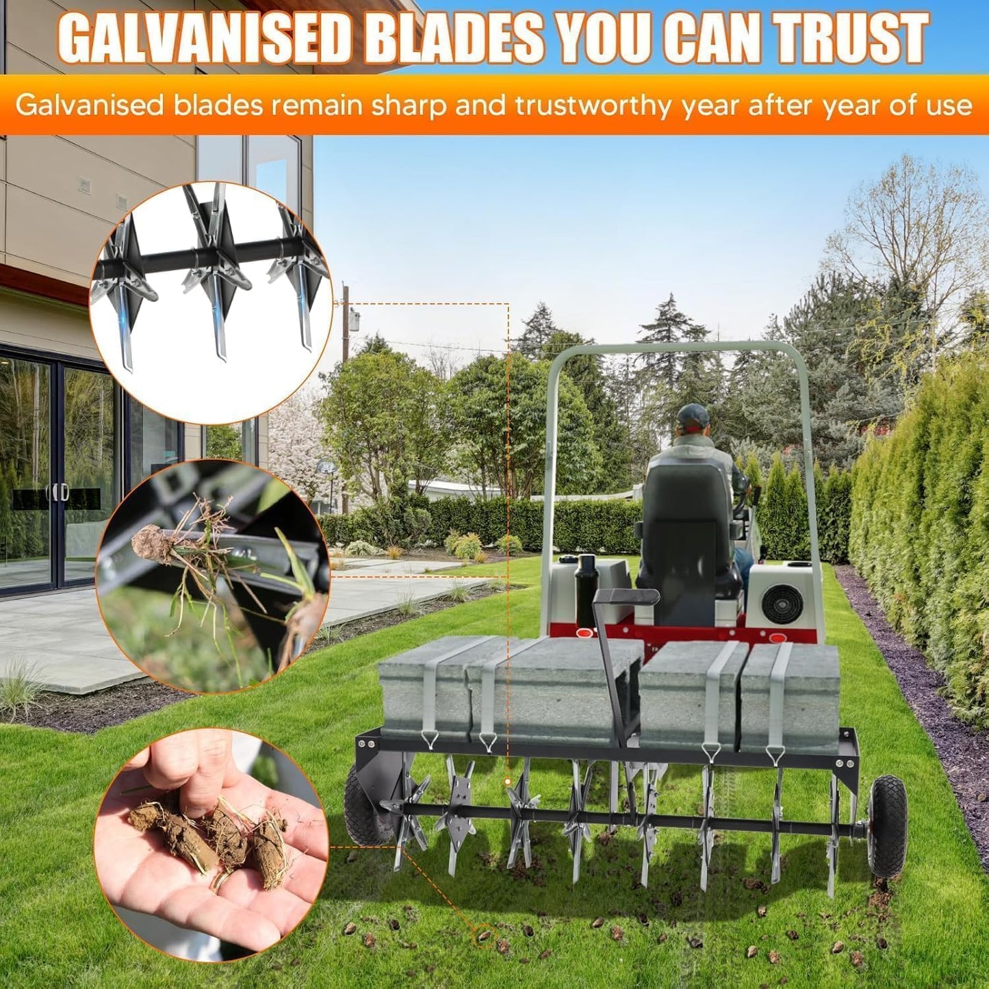 52" Tow Behind Plug Aerator with Transport Wheels, Plug Aerator Tow Behind with 40 Galvanised Steel Tines, Tow Behind Aerator for Gardens, Lawns, Farms