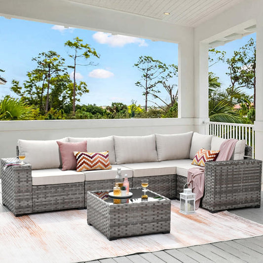 HOOOWOOO Modular Patio Outdoor Sectional Furniture Set,6 Piece Wicker Conversation Sofa Set,Out Door Couch Set with Wide Arm for Outside All Weather(Beige)