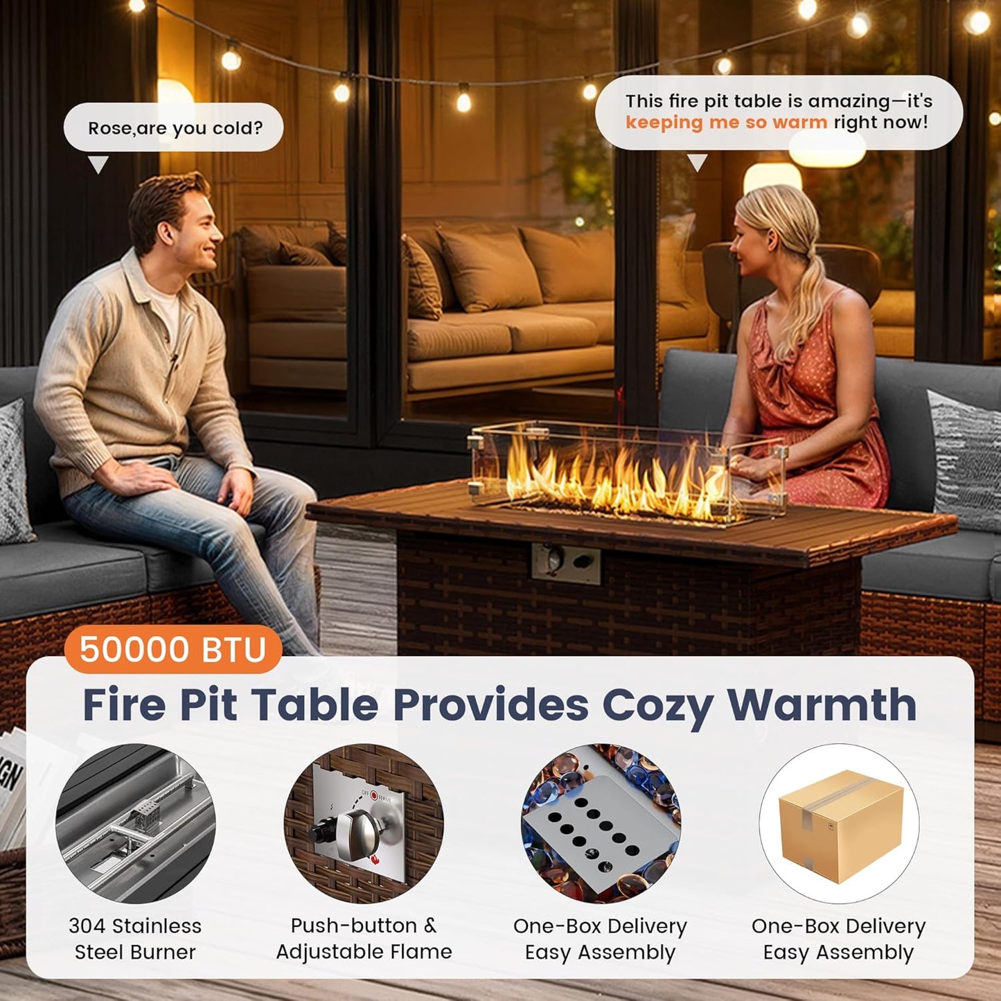 UDPATIO Patio Furniture Set with Fire Pit Table, 8 Inch Armrest Outdoor Sectional Sofa, 7 Piece Wicker Outdoor Furniture Conversation Sets with Waterproof Cover for Backyard Deck(Brown/Dark Grey)