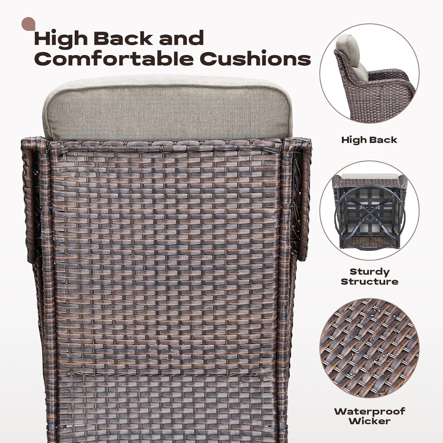 Wicker Outdoor Patio Furniture Set - 8 Piece Patio Conversation Sets with Swivel Rocker Chairs, Ottomans, Sofa and Table, 6 inch Cushions, Deep Seating, for Porch Deck Brown/Beige