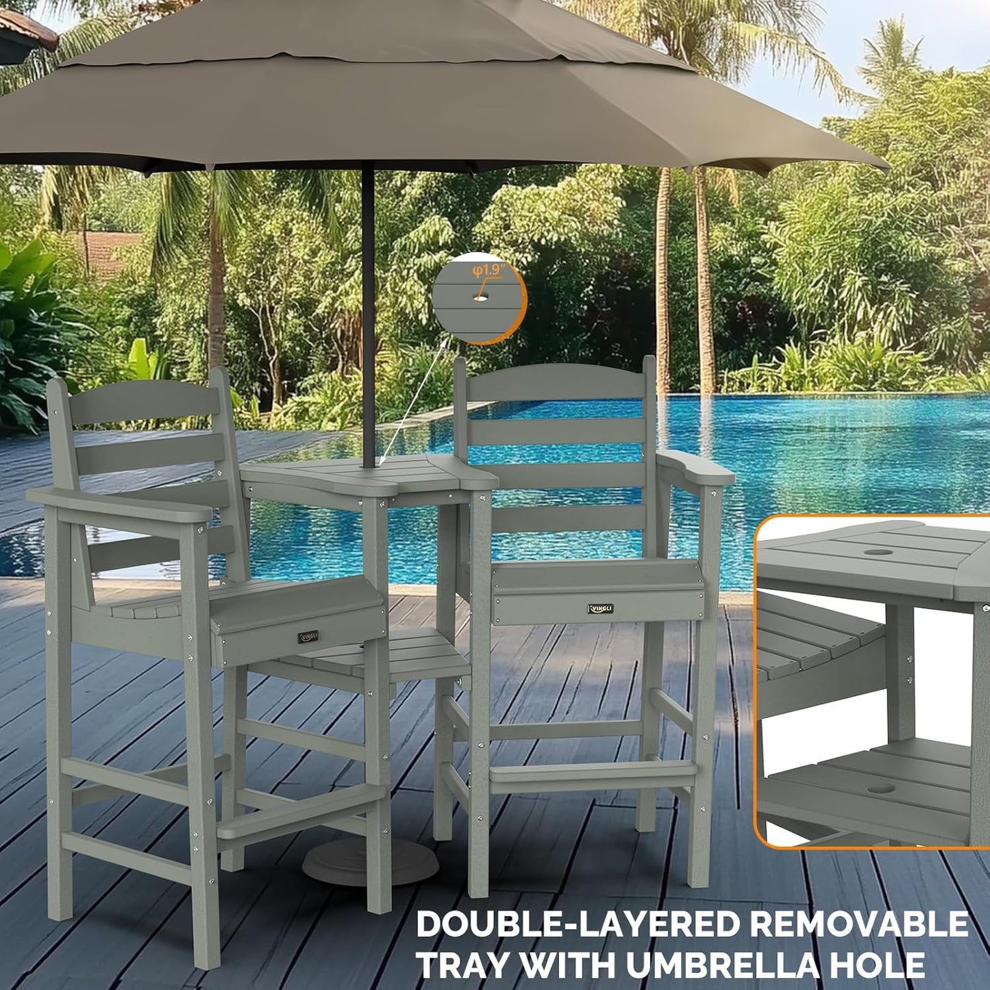 VINGLI Tall Adirondack Chairs Set of 2 with Removable Double Connecting Trays, HDPE Weather Resistance Outdoor Bar Stools Heavy Duty Patio Table and Chars Set Poly Deck Chairs for Pool Balcony (Gray)