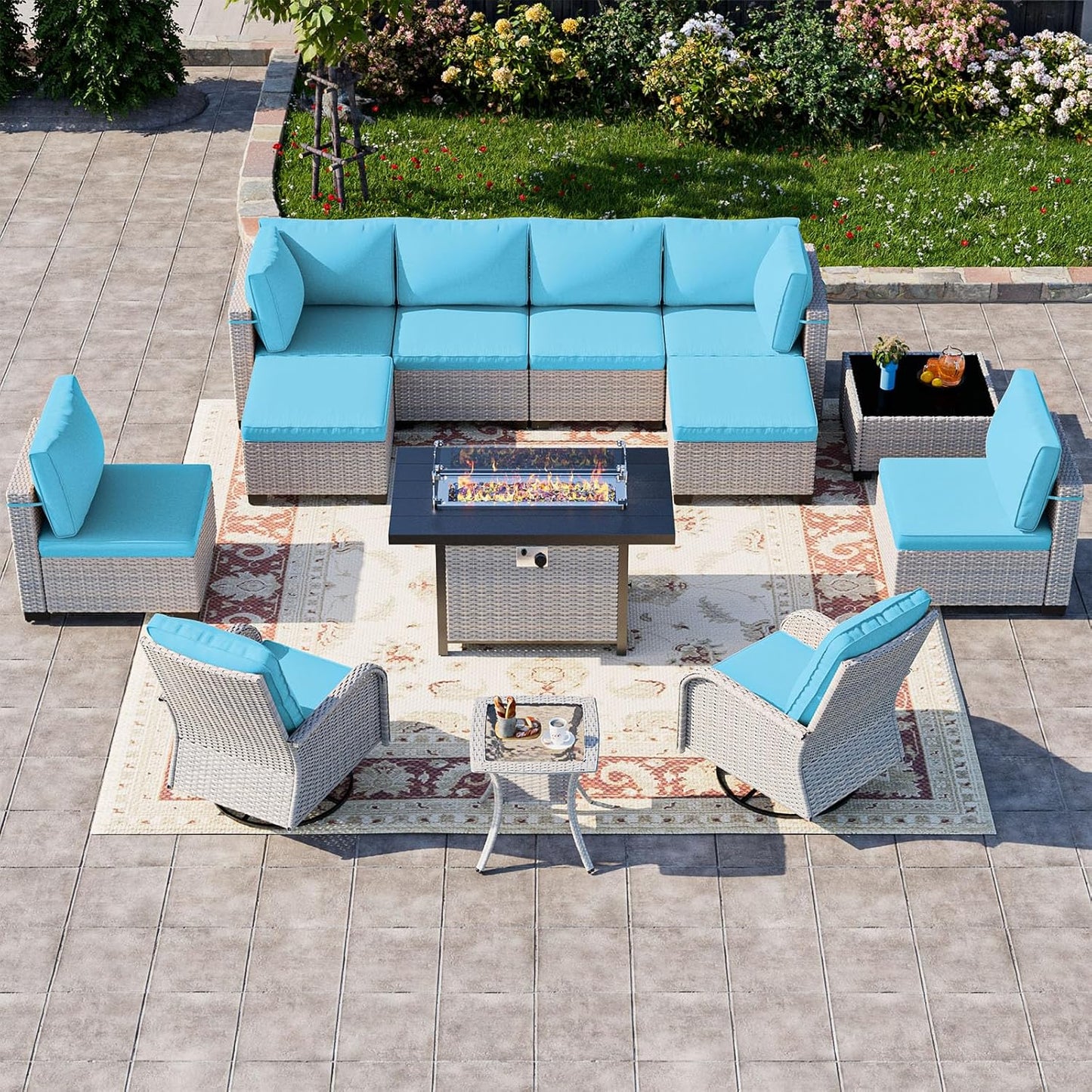 13-Piece Patio Furniture Set, Outdoor Patio Furniture with Swivel Chairs Set, Ottomans, 55,000 BTU Fire Pit Table, Modular Patio Sofa, Dual-Strand Wicker Rattan, Rust-Resistant Frame, Lake Blue