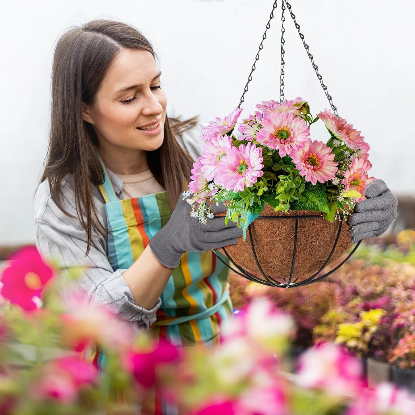 LemonRoad 3 Pack 12 Inch Hanging Baskets for Plants Outdoor Indoor, Metal Hanging Planters with Coconut Fiber Liner Chains and Ceiling Hooks Garden Tools Set for Garden House Patio Decor