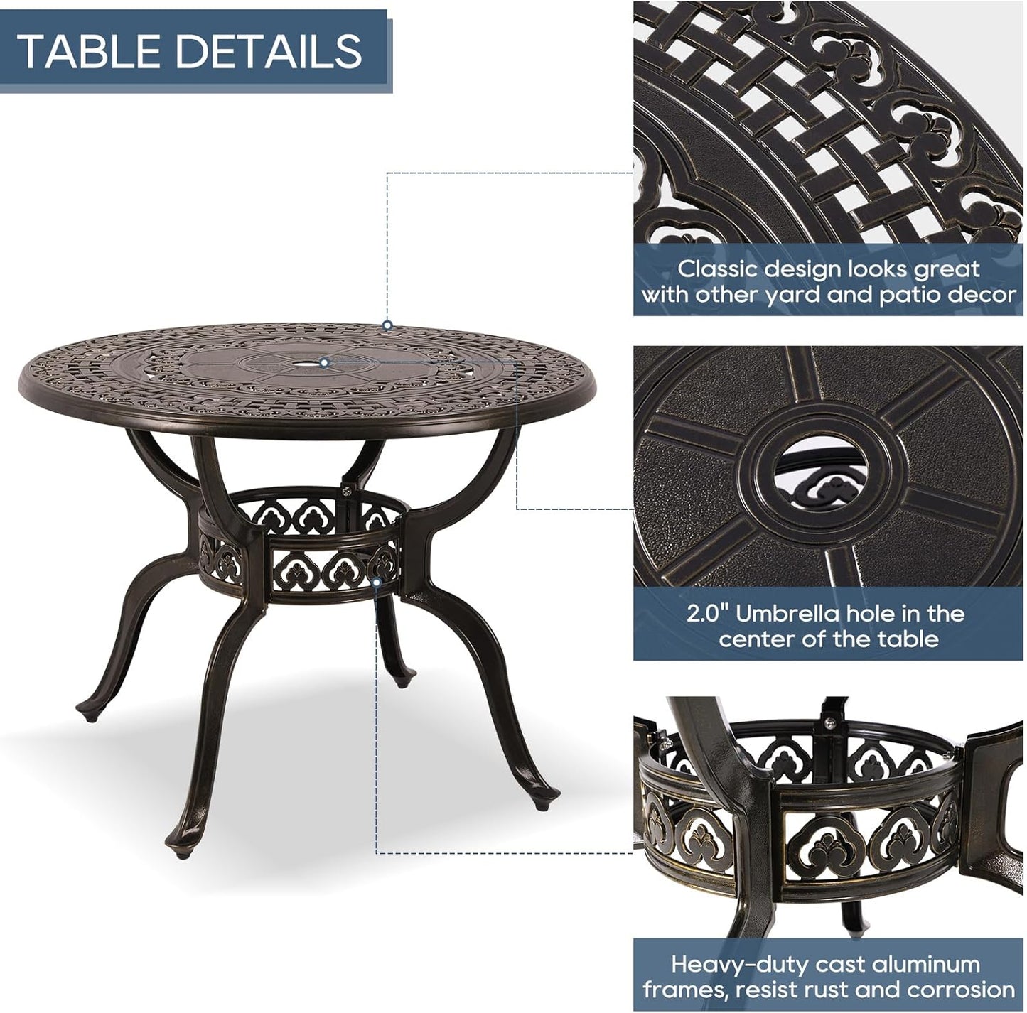 Cast Aluminum Outdoor Patio Dining Set, All Weather Outdoor Furniture Dining Set for Patio, Balcony, Lawn, Garden, Backyard (1 Round Table(40 inch)+4 Dining Chairs)