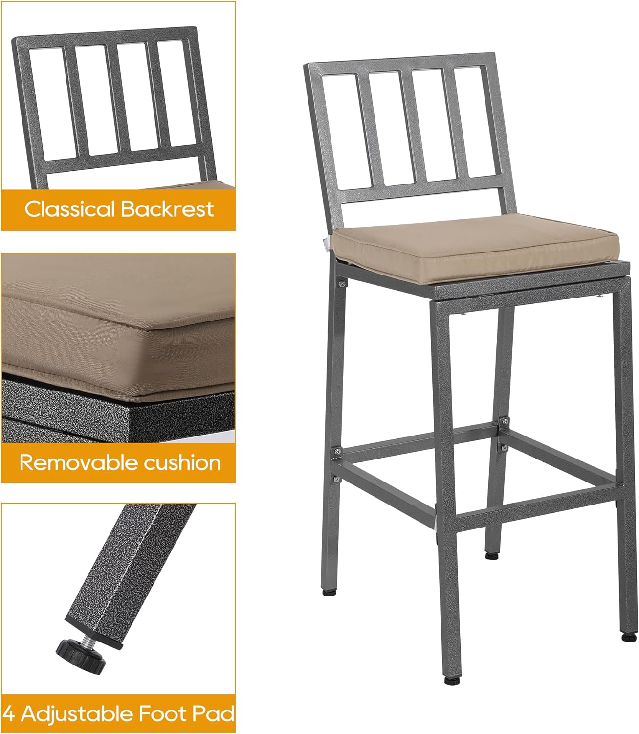 Outdoor Patio Bar Set, Bar Height Patio Dining Set, Weather-Resistant Bistro Counter Pub Set with Cushions & Slatted Tabletop for Backyard (Gray, 47" Table, 2 "I Style Stool)