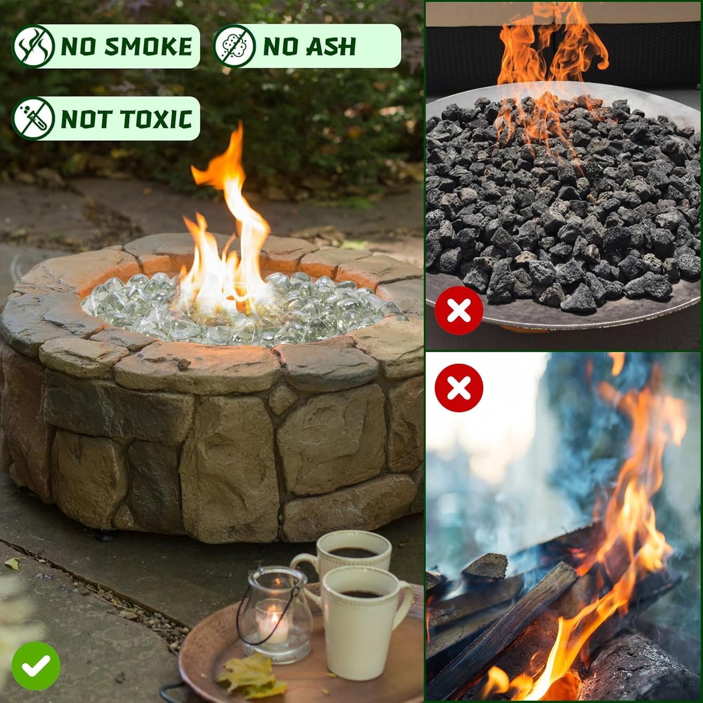 20 Pounds Fire Pit Glass Rocks, Clear Fire Glass Beads for Propane Firepit, Fireplace and Outdoor Decoration, 1 Inch, Diamond - Shaped