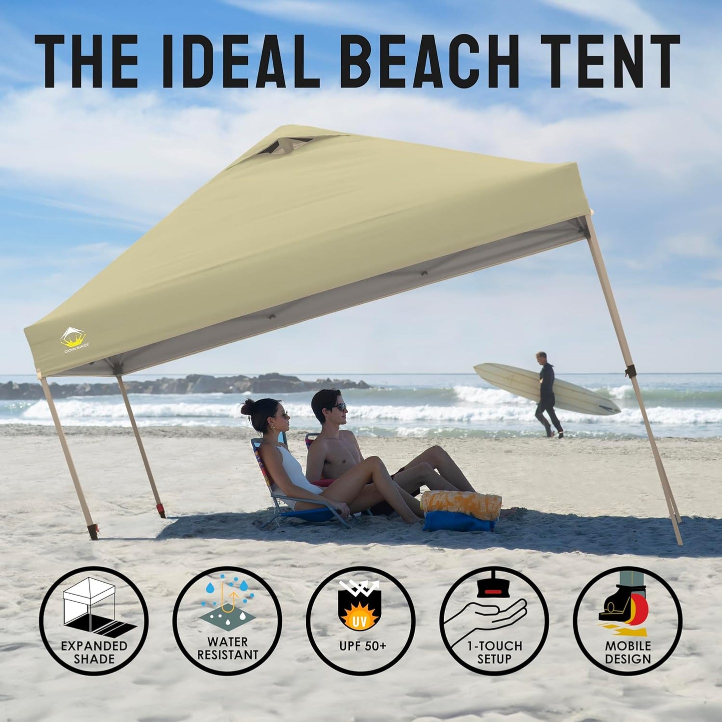 CROWN SHADES 10x10 Pop Up Canopy, Patented Center Lock One Push Tent Canopy, Newly Designed Storage Bag, 8 Stakes, 4 Ropes, Beige