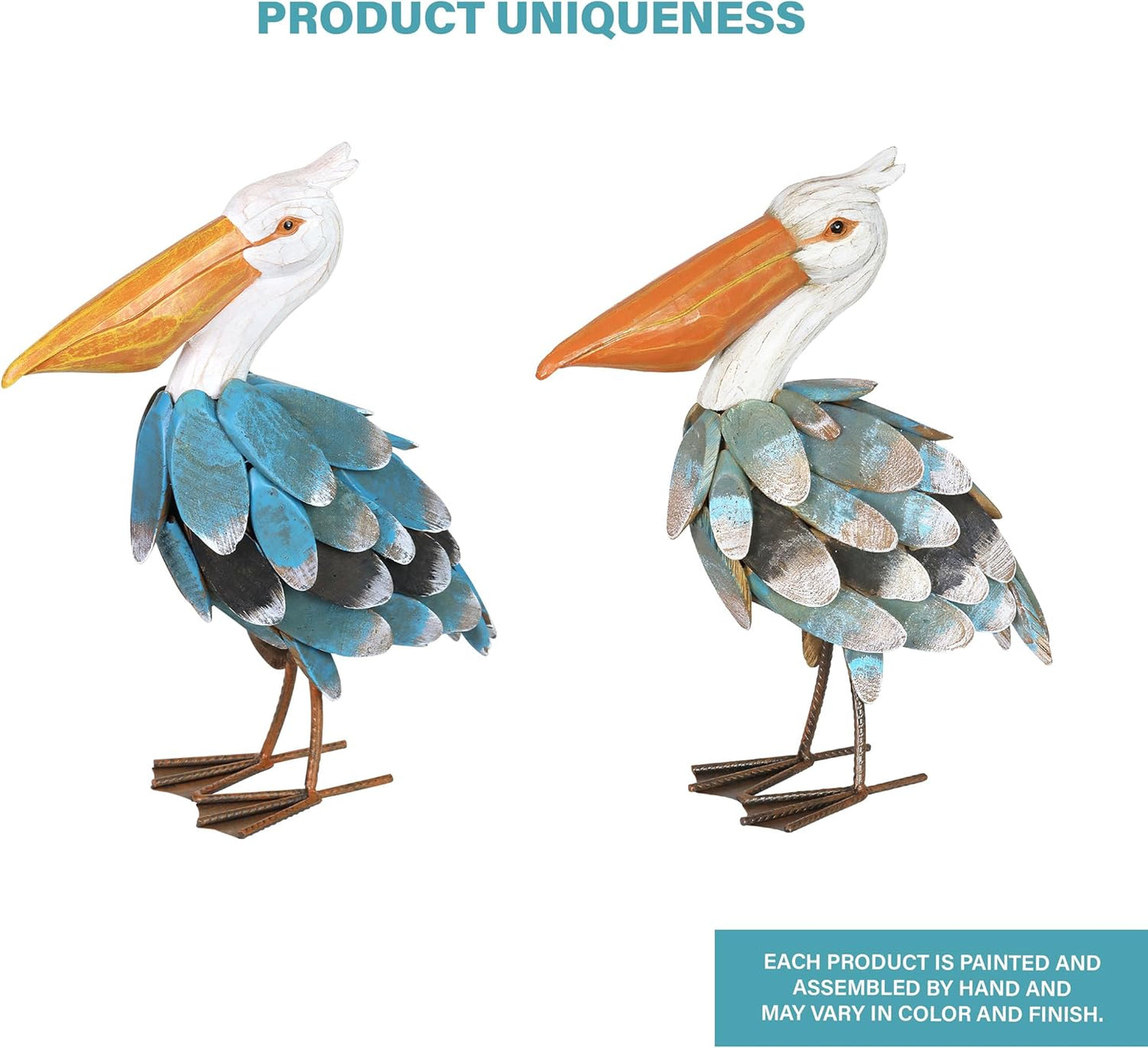 Exhart Garden Sculpture, Pelican Garden Statue, Hand Painted Wood and Metal Outdoor Garden Decoration, 13 x 5 x 15 Inch