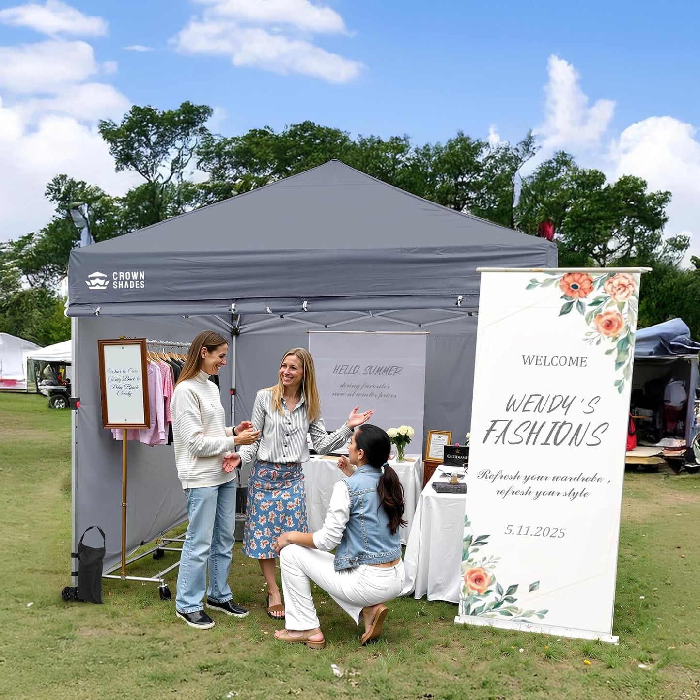 CROWN SHADES 10x10 Pop Up Canopy Tent Instant Commercial 1-Person Setup Patended Centerlock with 400D Fabric, 4 Sidewalls, 4" Wheels, 4 Upgraded Weights, Sto'N Go Bag, Gray