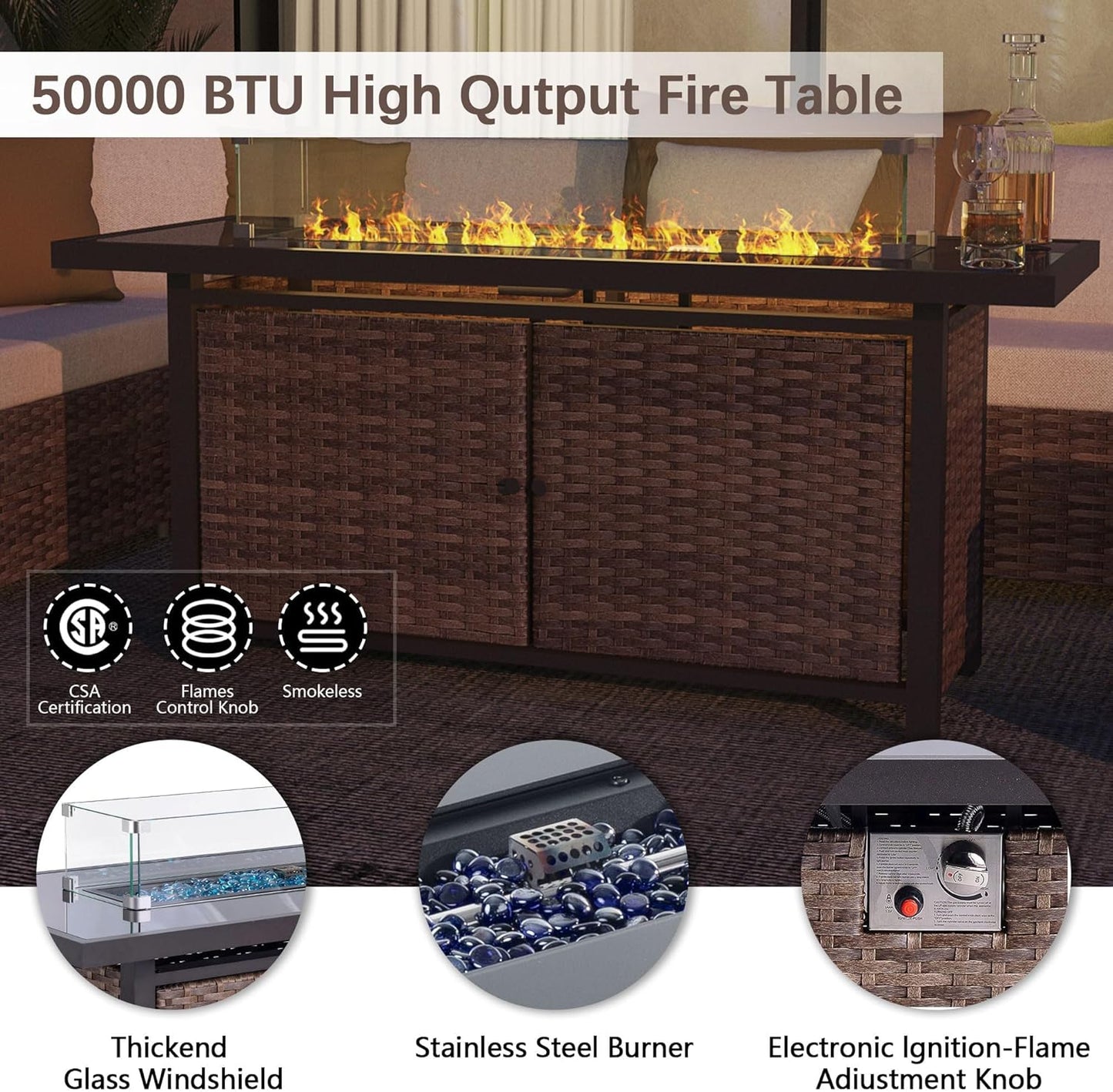 25-Pc Patio Furniture Set - 7 Piece Outdoor Rattan Sofa Set with 57" Fire Table and 17 Accessories, Modular Sofa Set for Garden/Poolside, Orange/Black