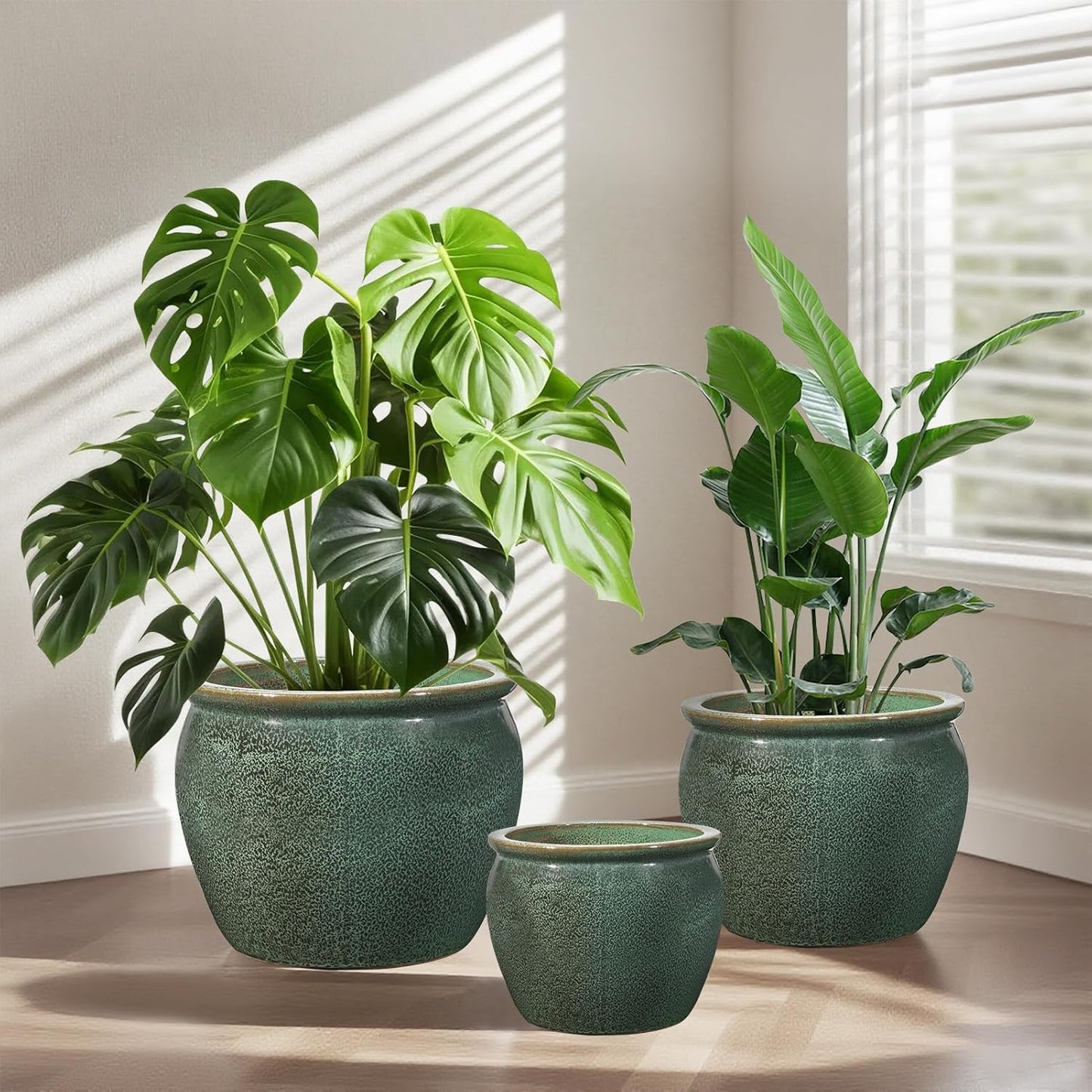 Ceramic Plant Pots Set of 3,9+11.6+14.6 Inch Flower Planters with Drainage Holes Indoor Outdoor, 19.8/8.7/3.8 Qt Capacity, Green Speckled Glaze