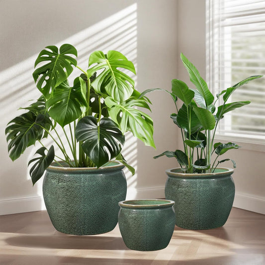 Ceramic Plant Pots Set of 3,9+11.6+14.6 Inch Flower Planters with Drainage Holes Indoor Outdoor, 19.8/8.7/3.8 Qt Capacity, Green Speckled Glaze