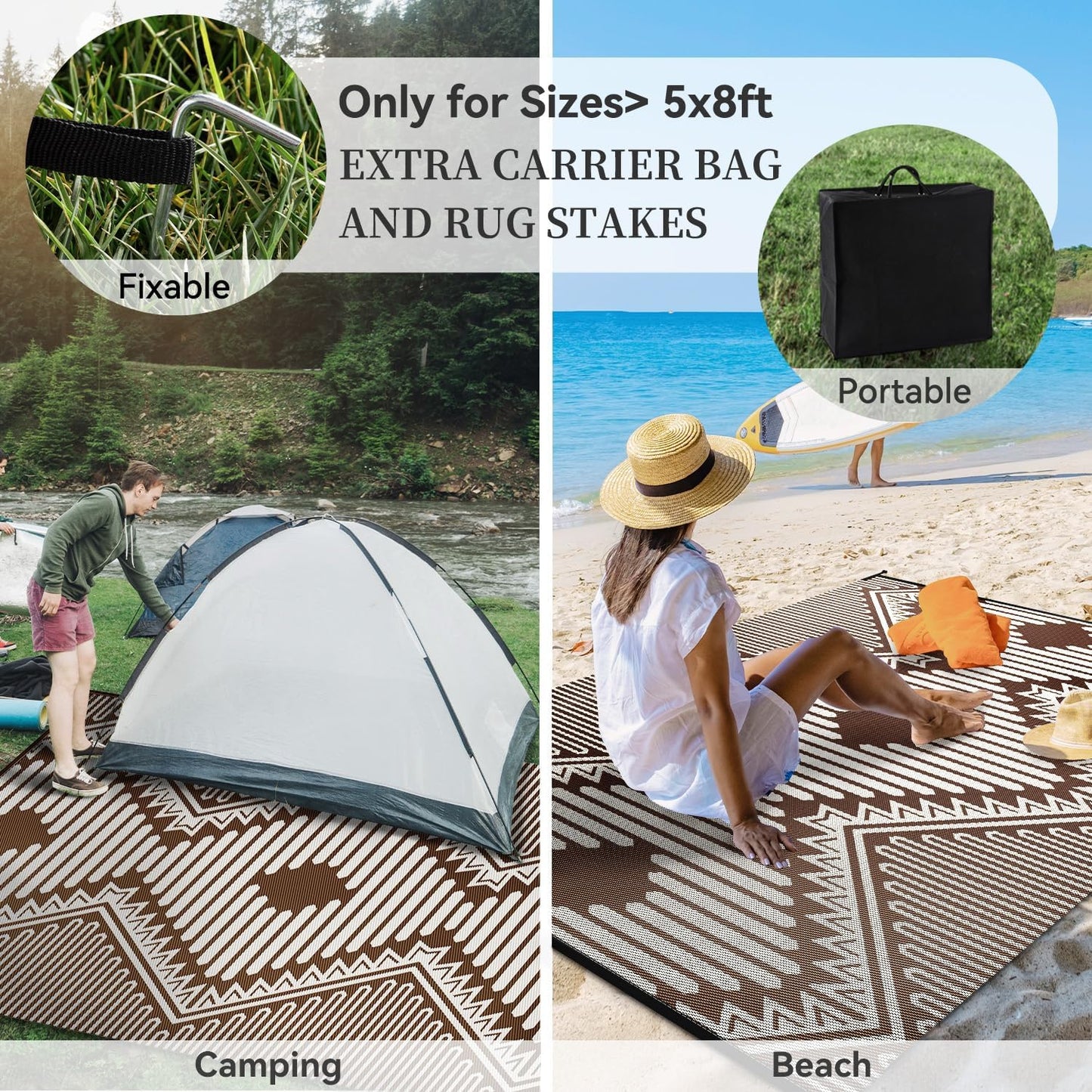 MontVoo Outdoor Rug-Waterproof Patio Rug Mat 5x8 Outdoor Carpet Mat Reversible Plastic Straw Outside Outdoor Rug for RV Camping Picnic Balcony Backyard Pool Deck Porch Modern Boho Beige Brown
