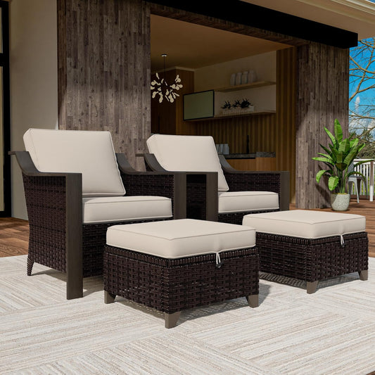 4 Piece Wicker Patio Conversation Set, All-Weather Use Outdoor 2 PE Rattan Chair, 2 Ottoman, Removable Water-Resistant Cushion, Ideal for Porch, Backyard, Balcony, Poolside, Beige